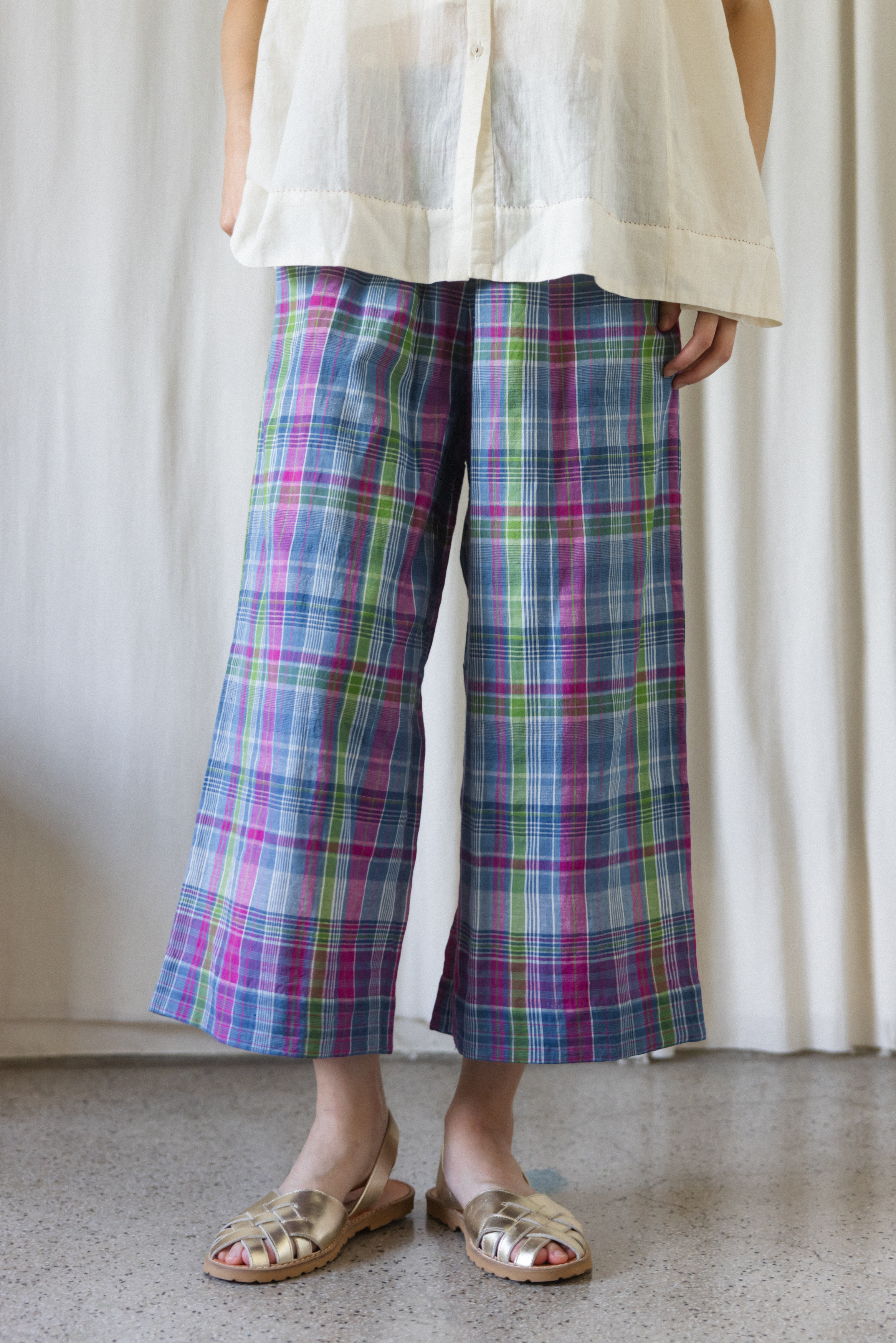 藍綠紅格紋手織布寬褲
