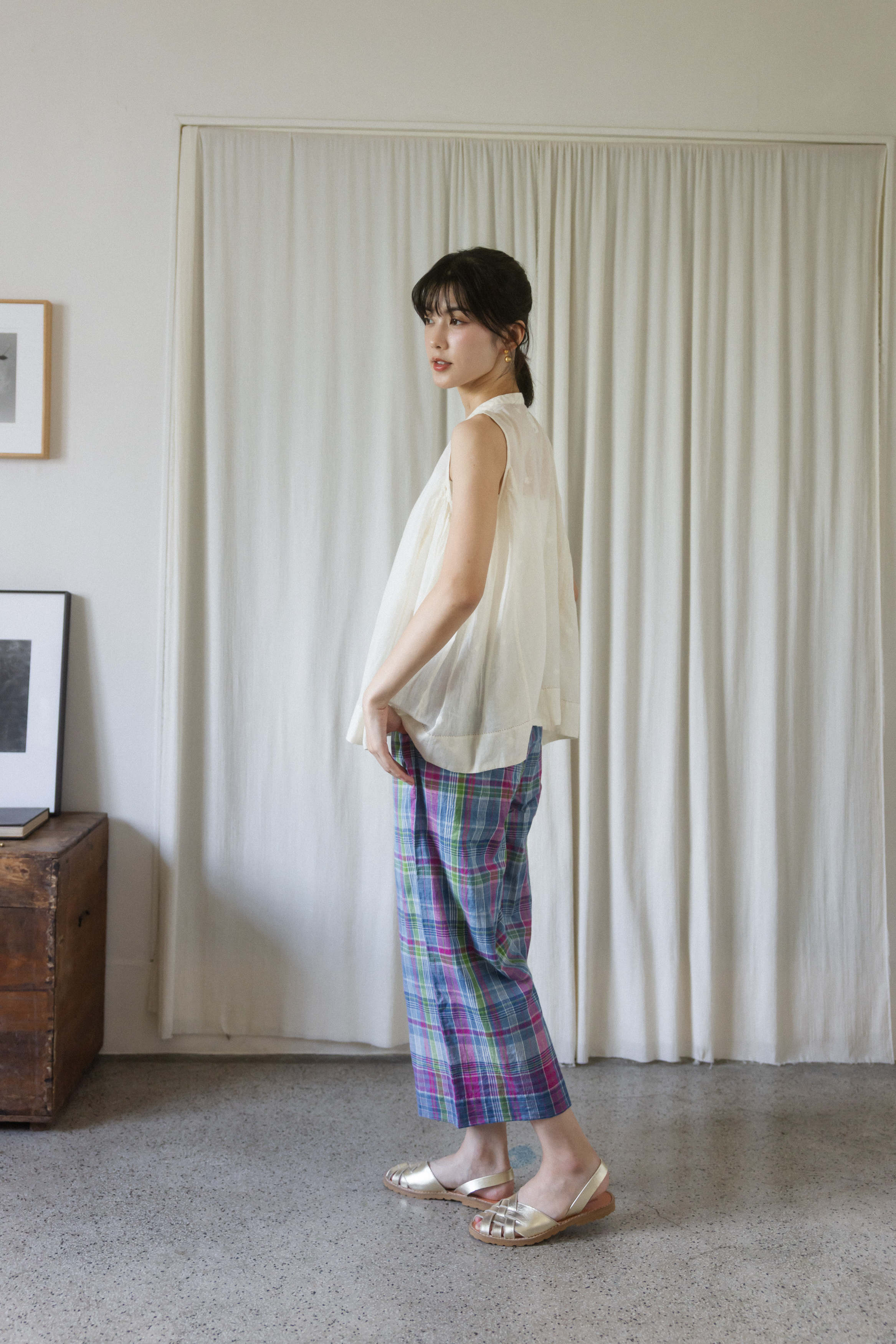 藍綠紅格紋手織布寬褲