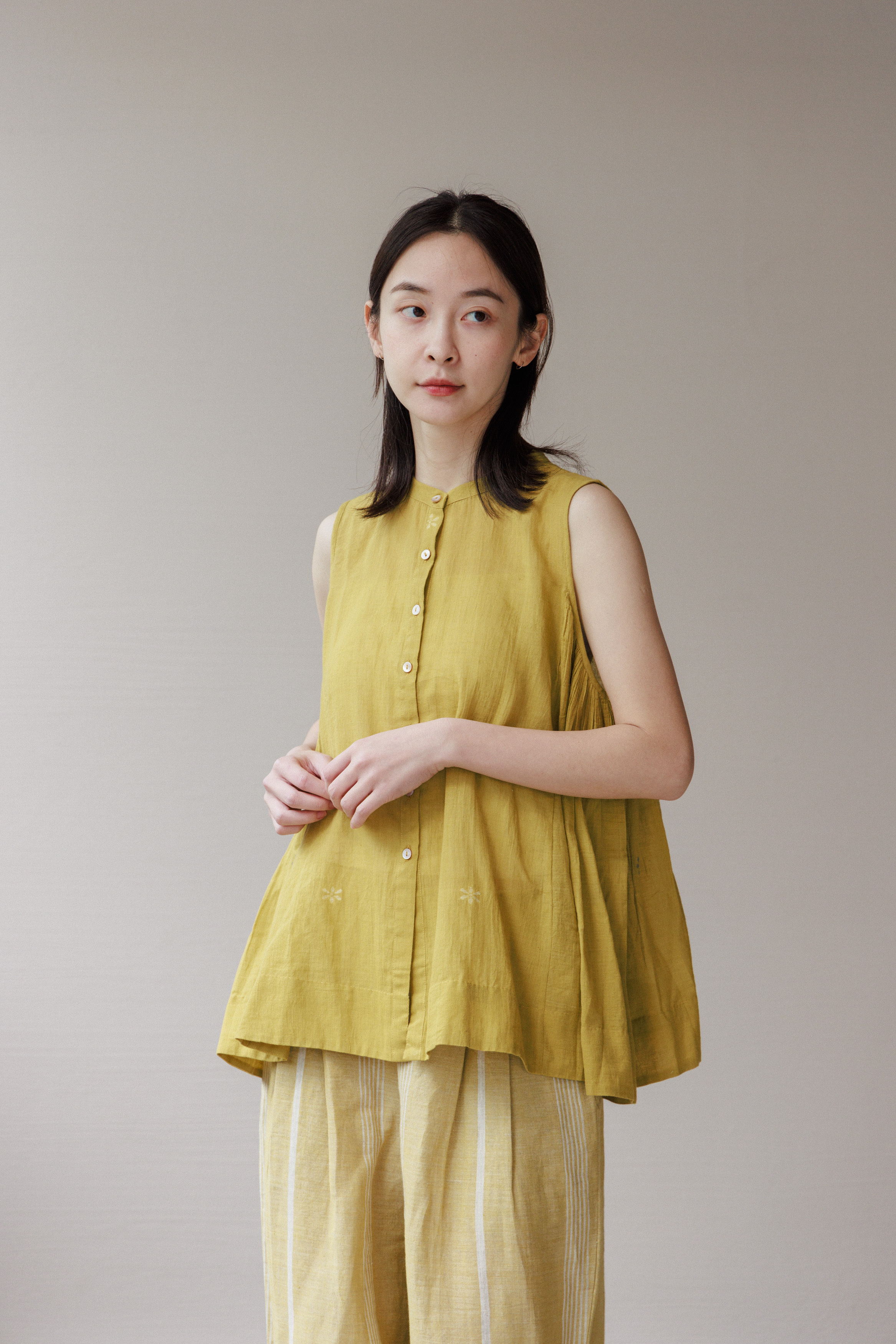 Jamdan芥末黃手織布無袖上衣