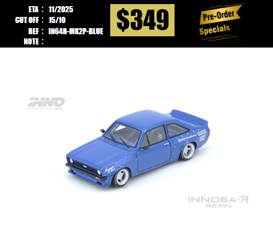 PO-$349 * INNO64 * 1:64 FORD ESCORT MK2 PANDEM "EMOTION" RETRO HAVOC Blue [OD12/10]