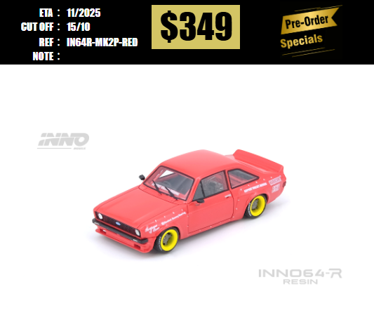 PO-$349 * INNO64 * 1:64 FORD ESCORT MK2 PANDEM "EMOTION" RETRO HAVOC Red [OD12/10]