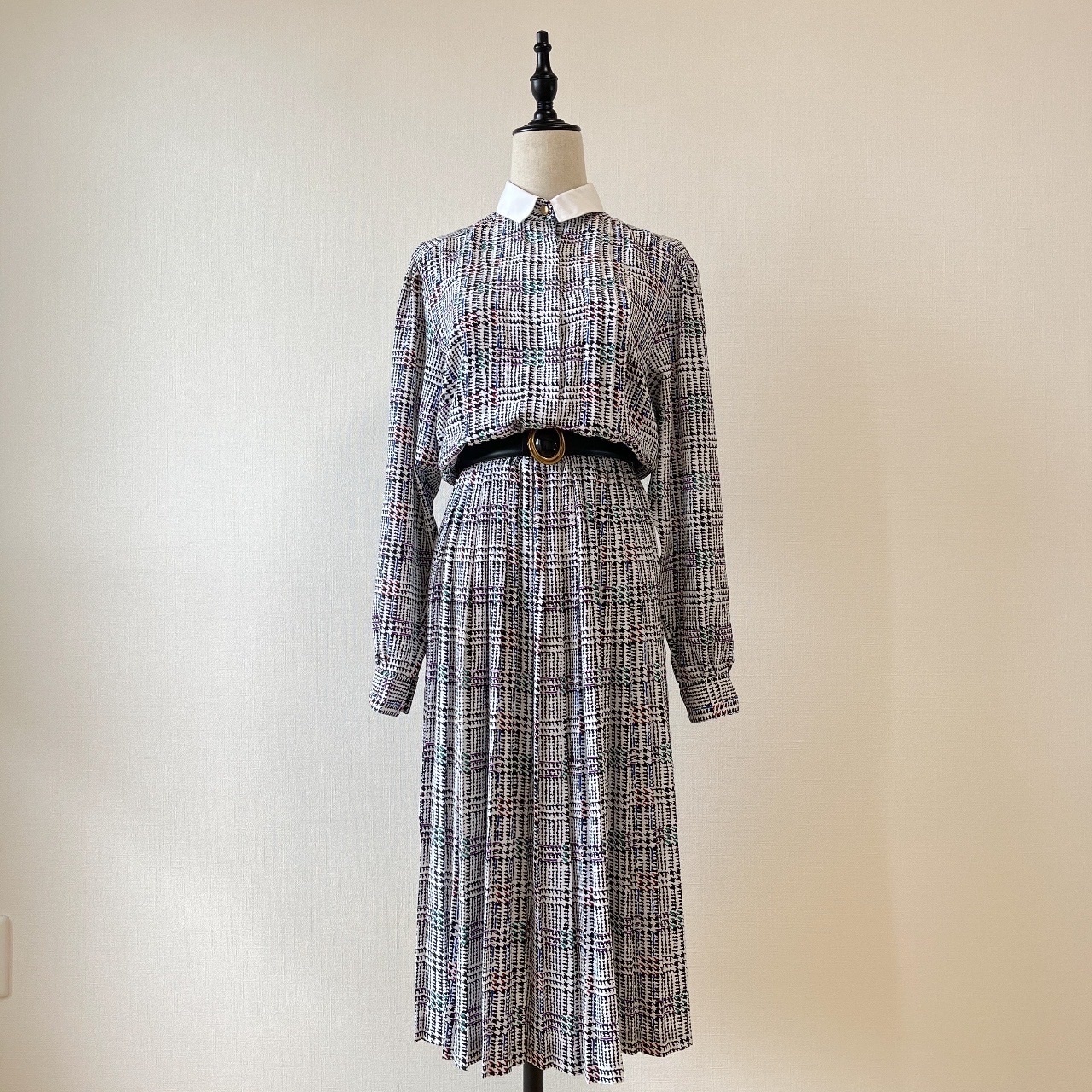 美國製電視雪花感千鳥格長袖連身裙