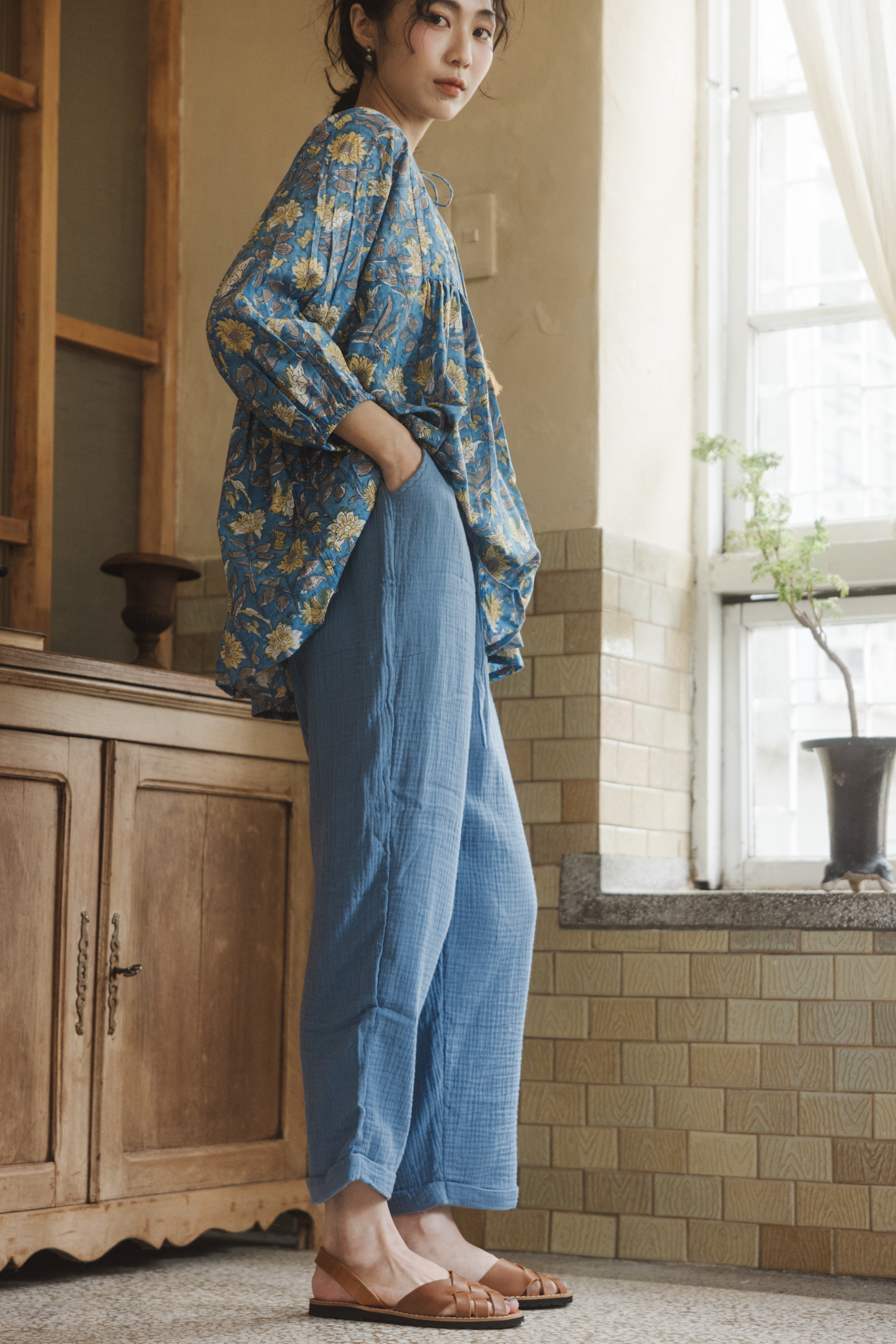 純棉錐型褲_天藍