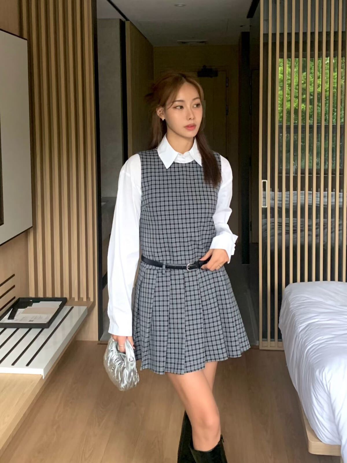 OB5015 附腰帶格仔百褶背心裙 *特價* (優惠碼同充值購物金不適用)