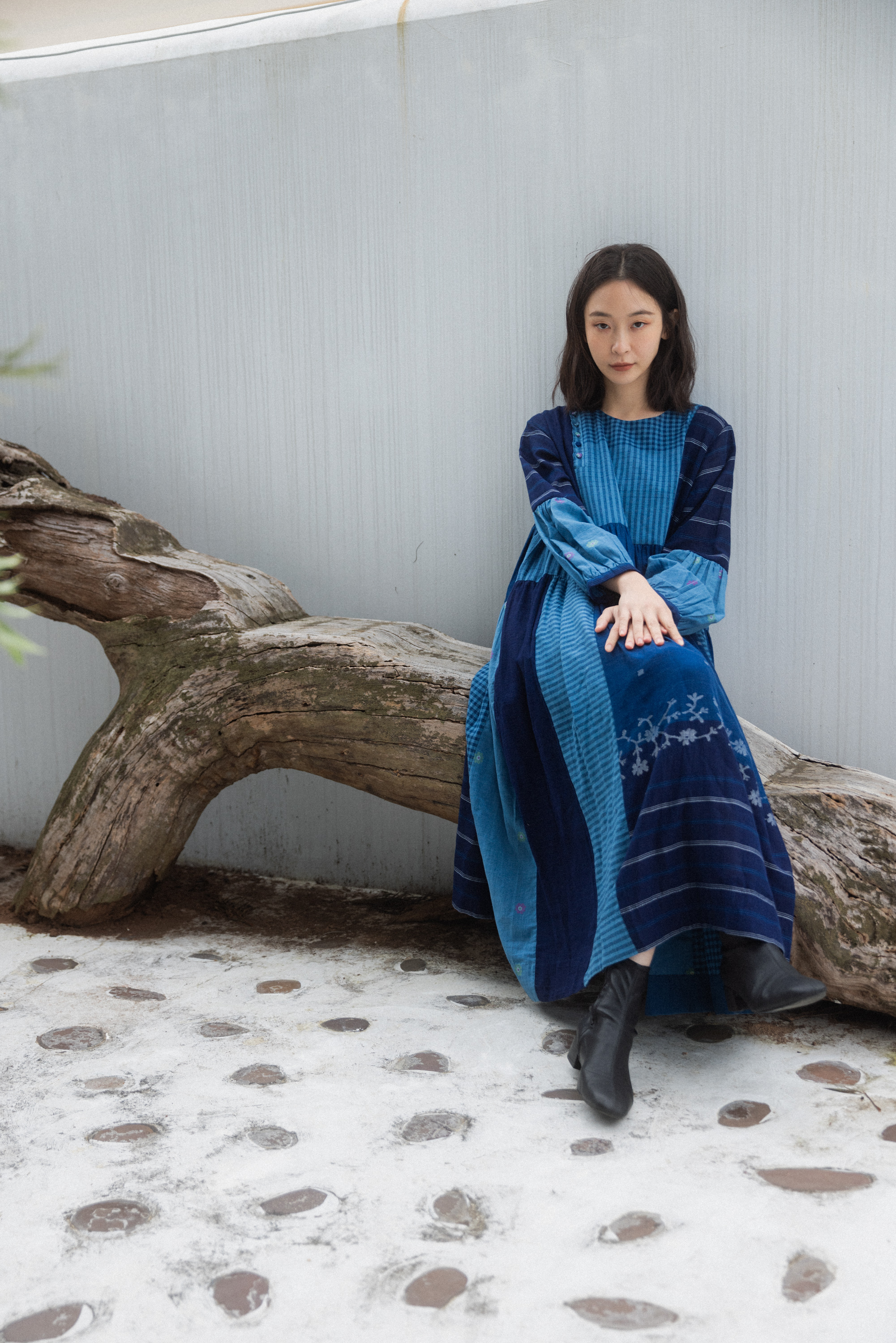 藍染Jamdani拼接長袖長洋裝