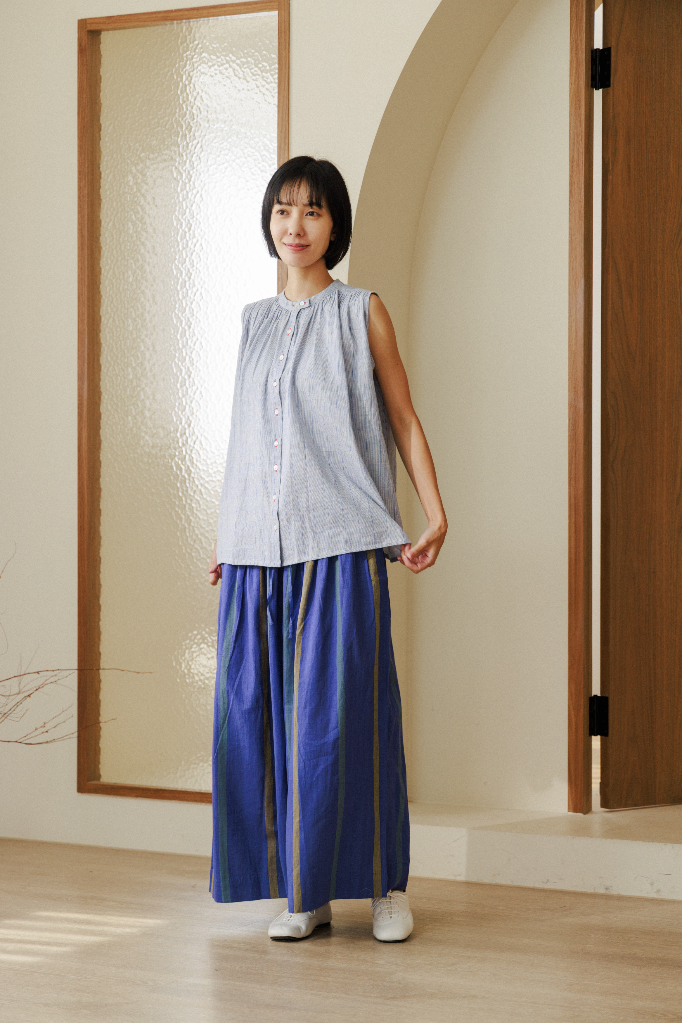 手織布藍色直條寬褲裙