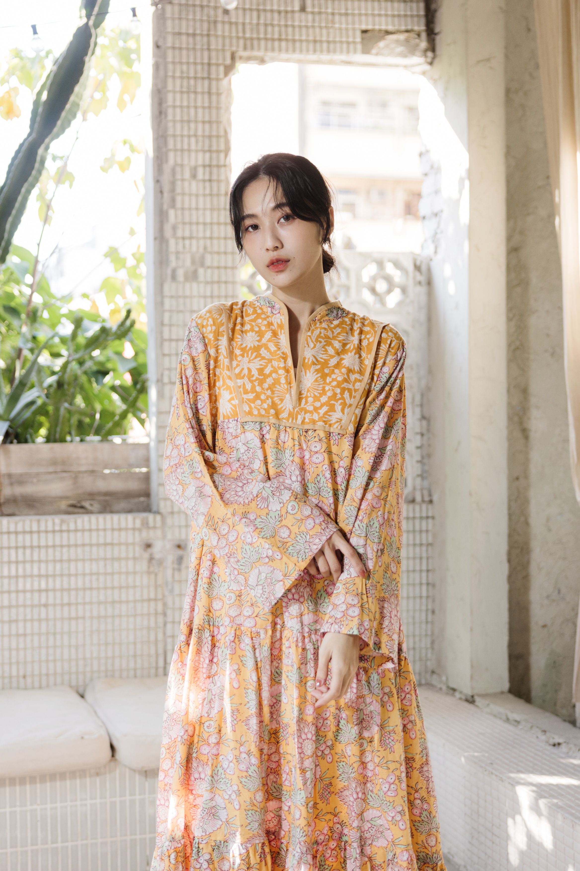 小領子拼接長袖長洋裝_黃