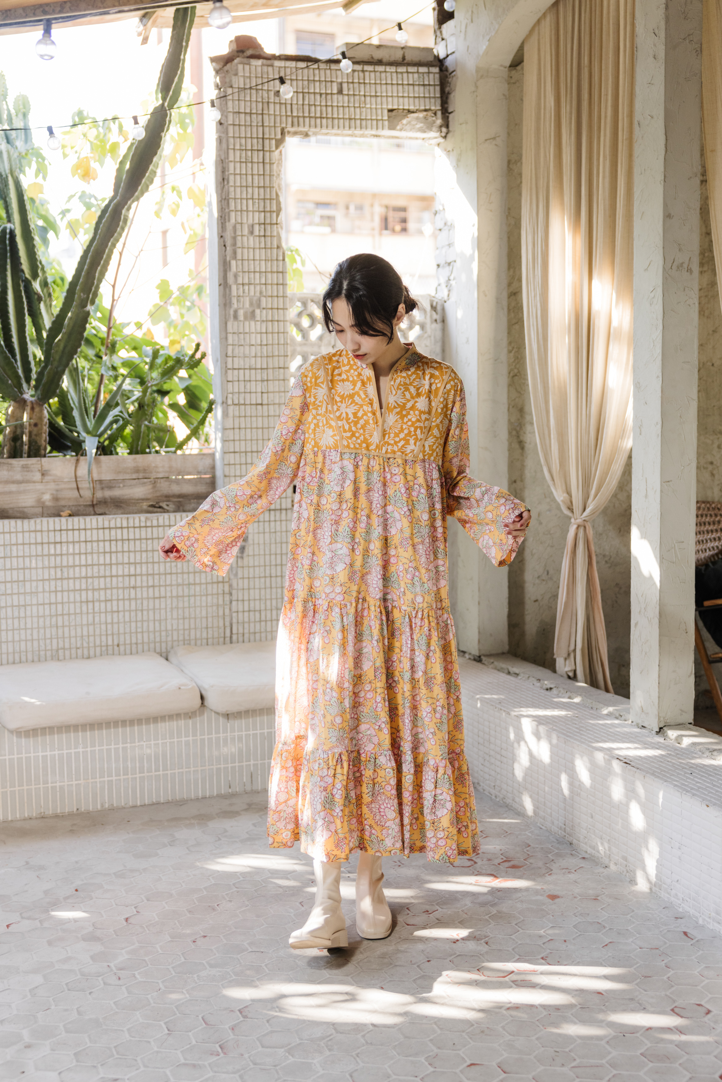 小領子拼接長袖長洋裝_黃