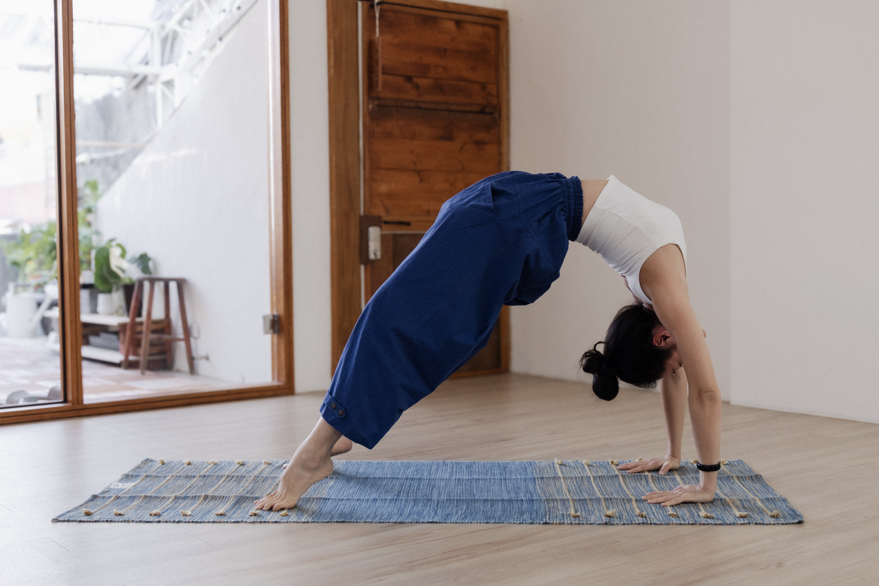 印度棉設計扣子寬褲_靛藍