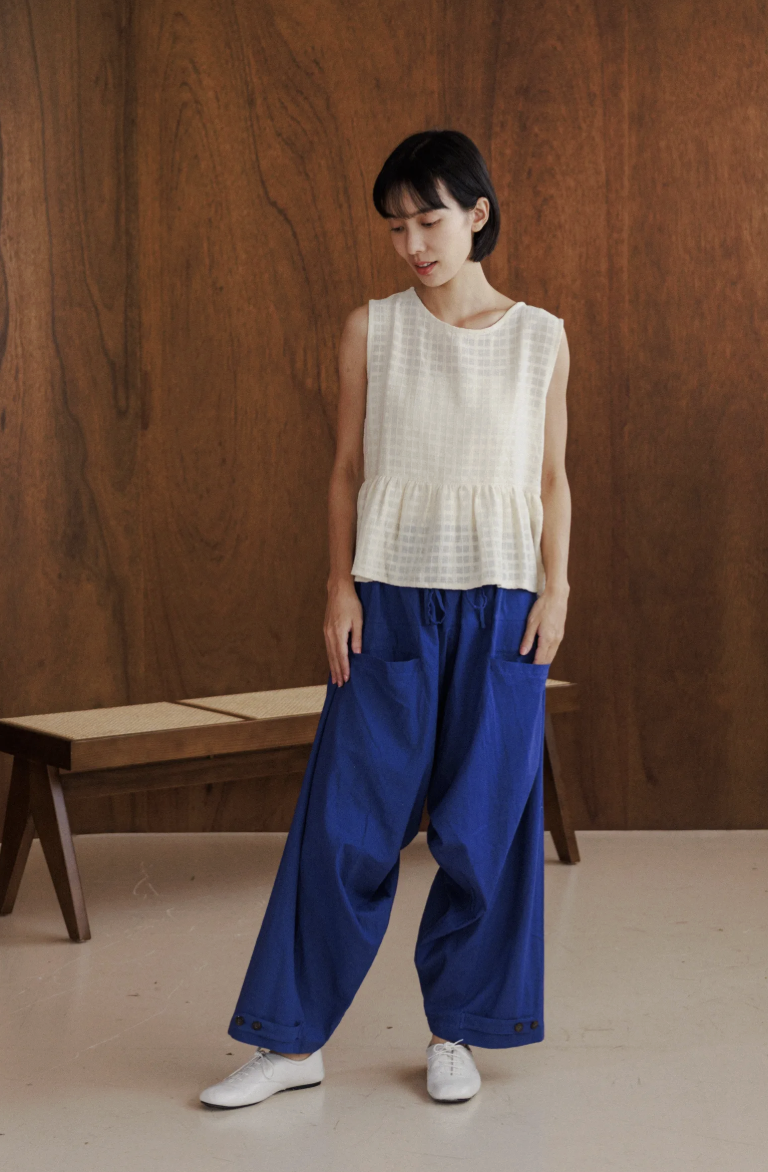 印度棉設計扣子寬褲_靛藍