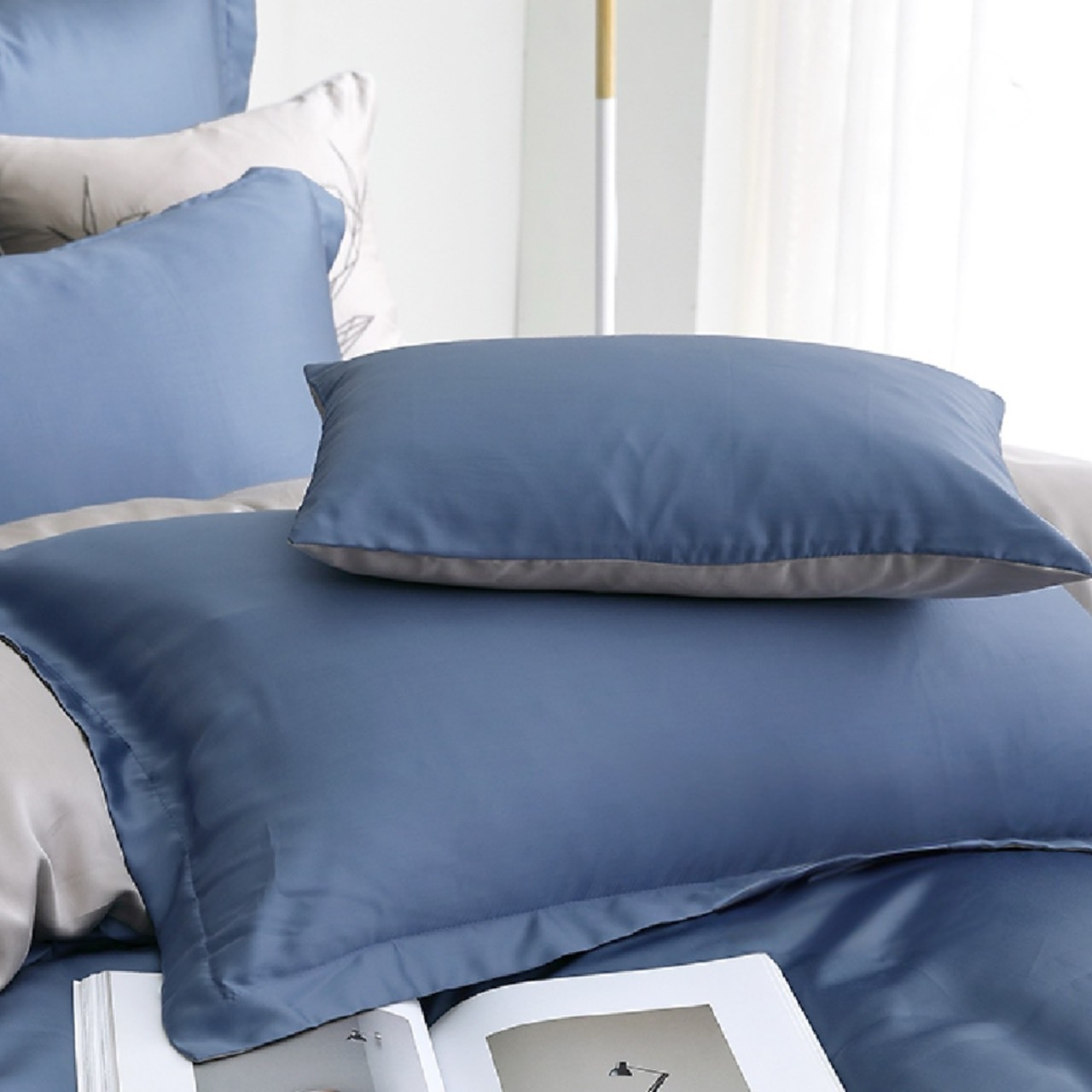60支天絲薄枕頭套 | 牛仔藍 x 銀灰