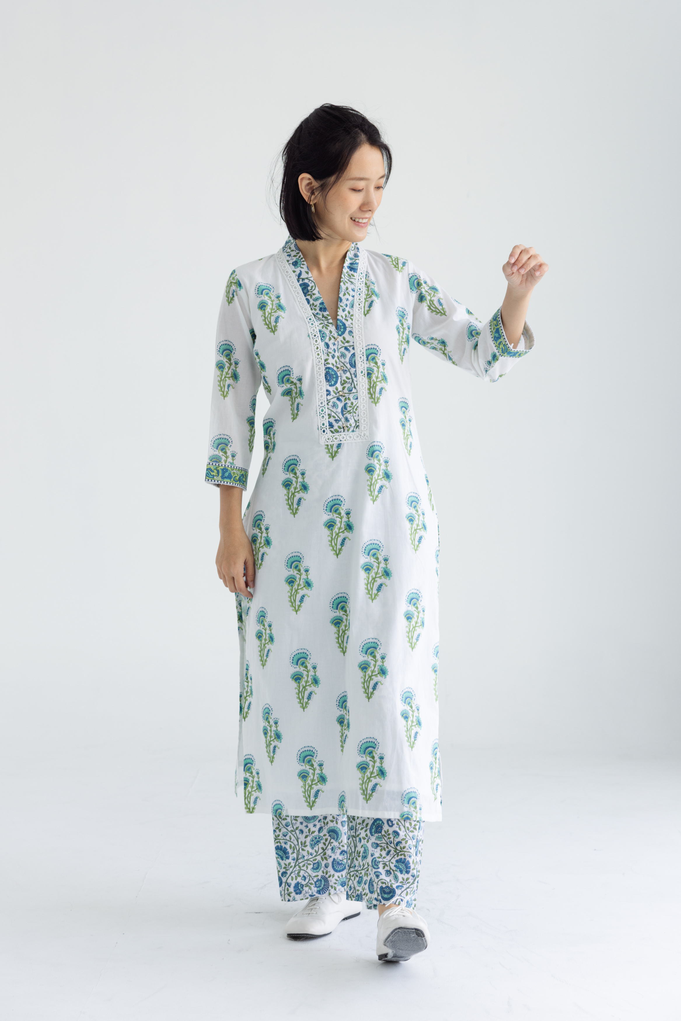 印度白底綠花印花庫塔+褲子(一套販售)