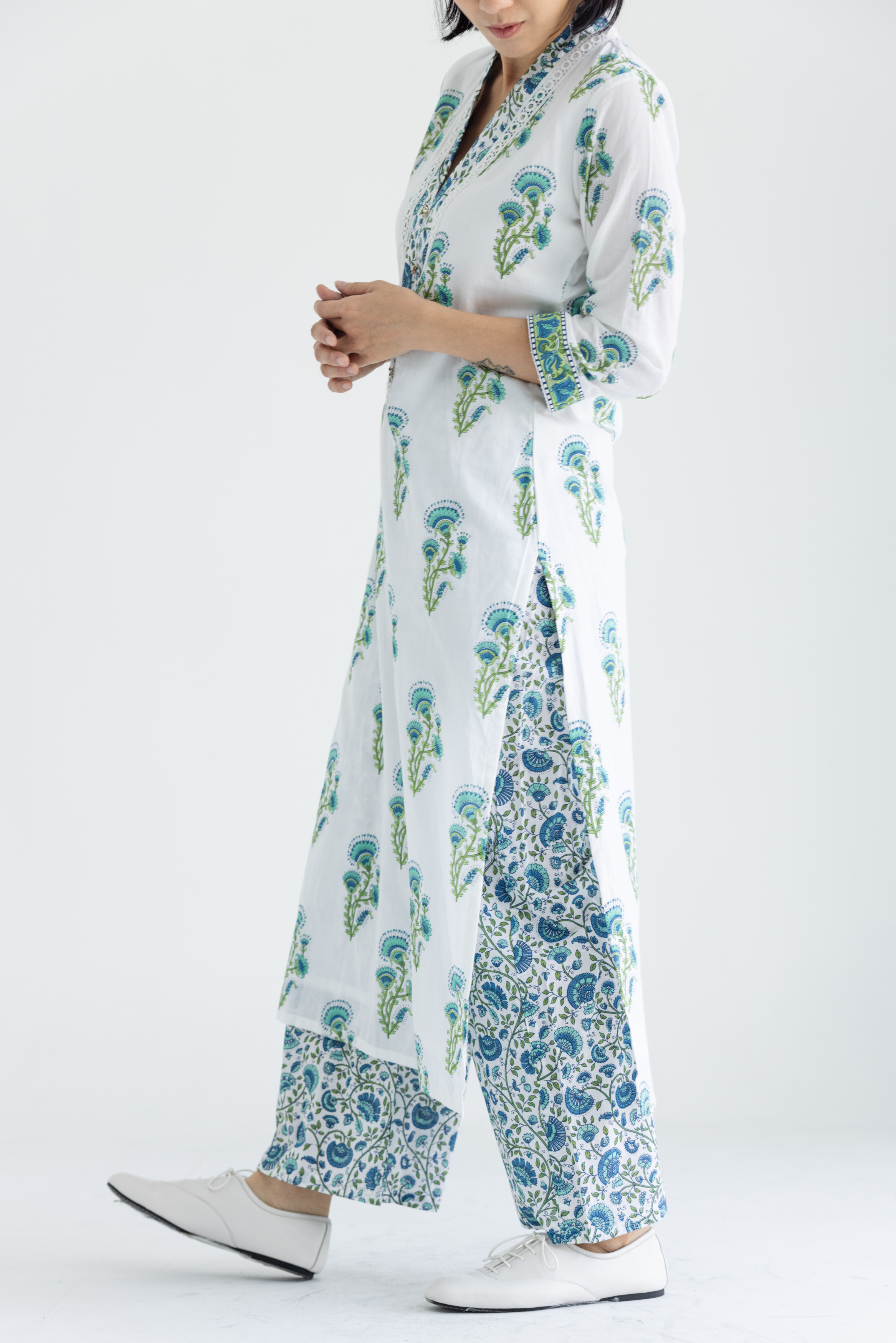 印度白底綠花印花庫塔+褲子(一套販售)