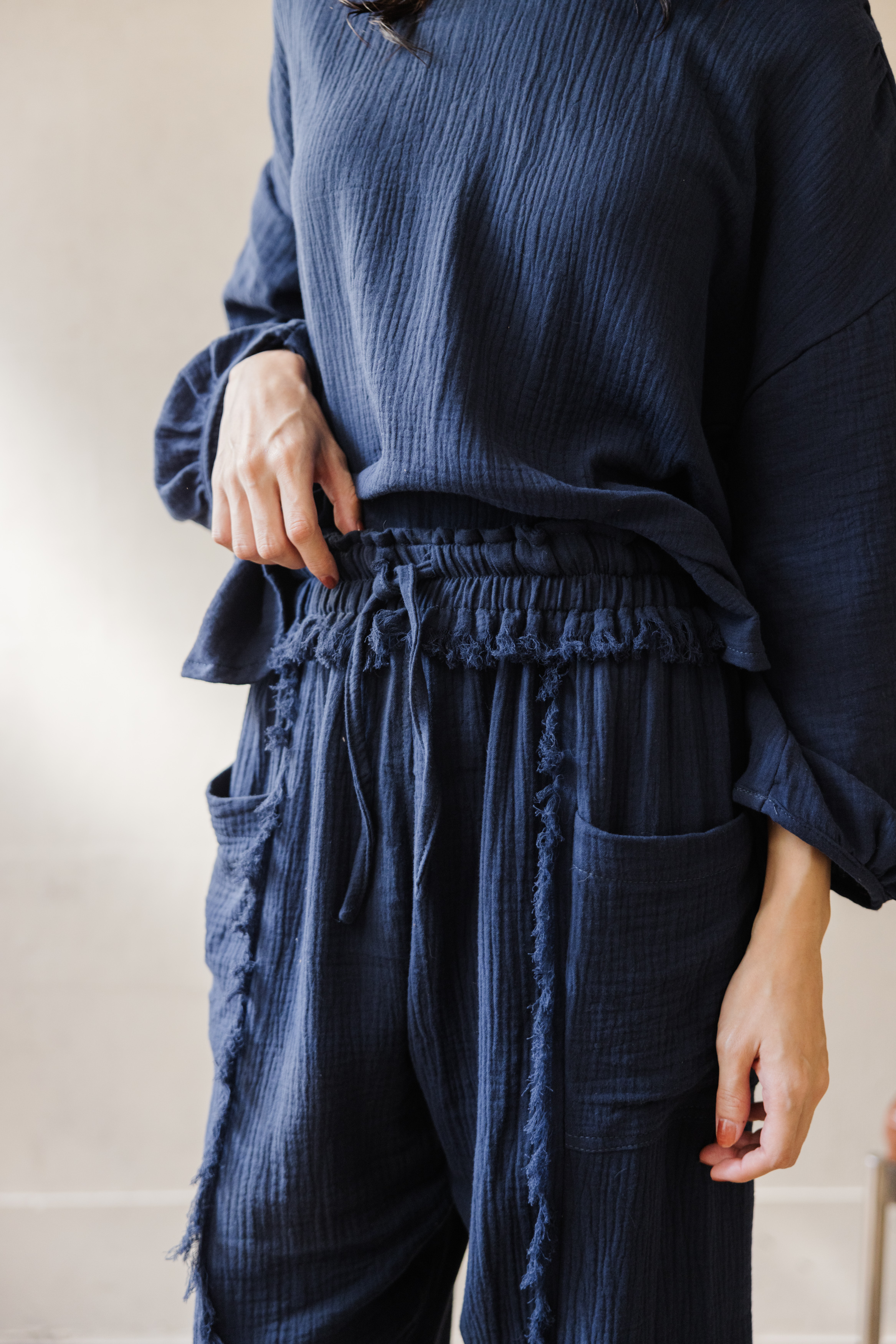 清邁棉鬚鬚設計口袋寬褲_深藍