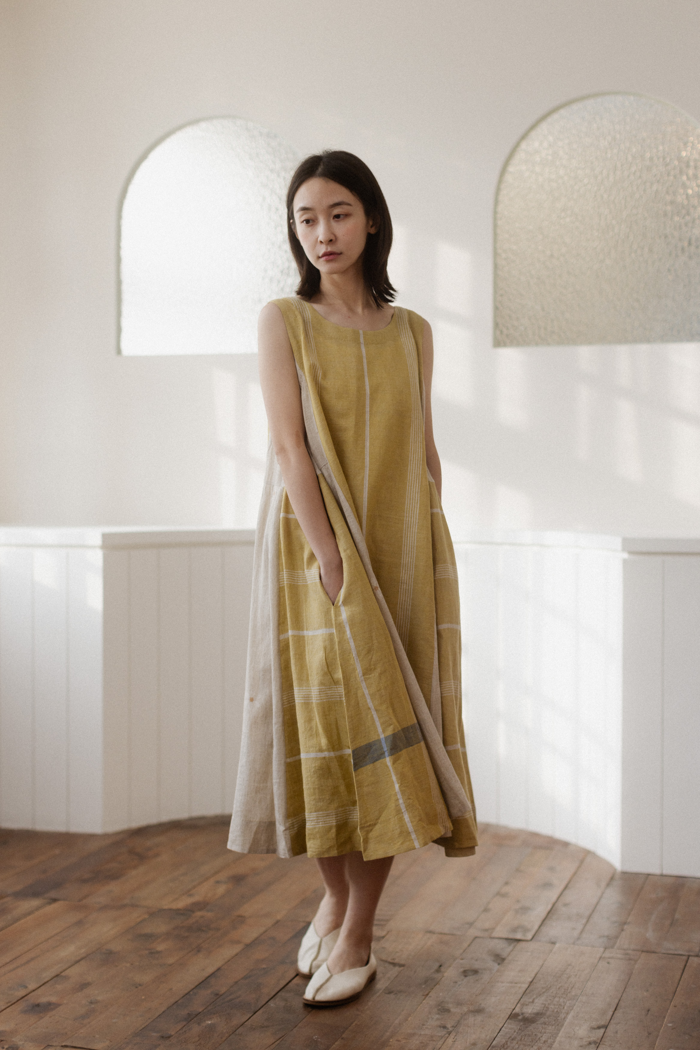 【karnam】圓領黃綠Jamdani小花洋裝