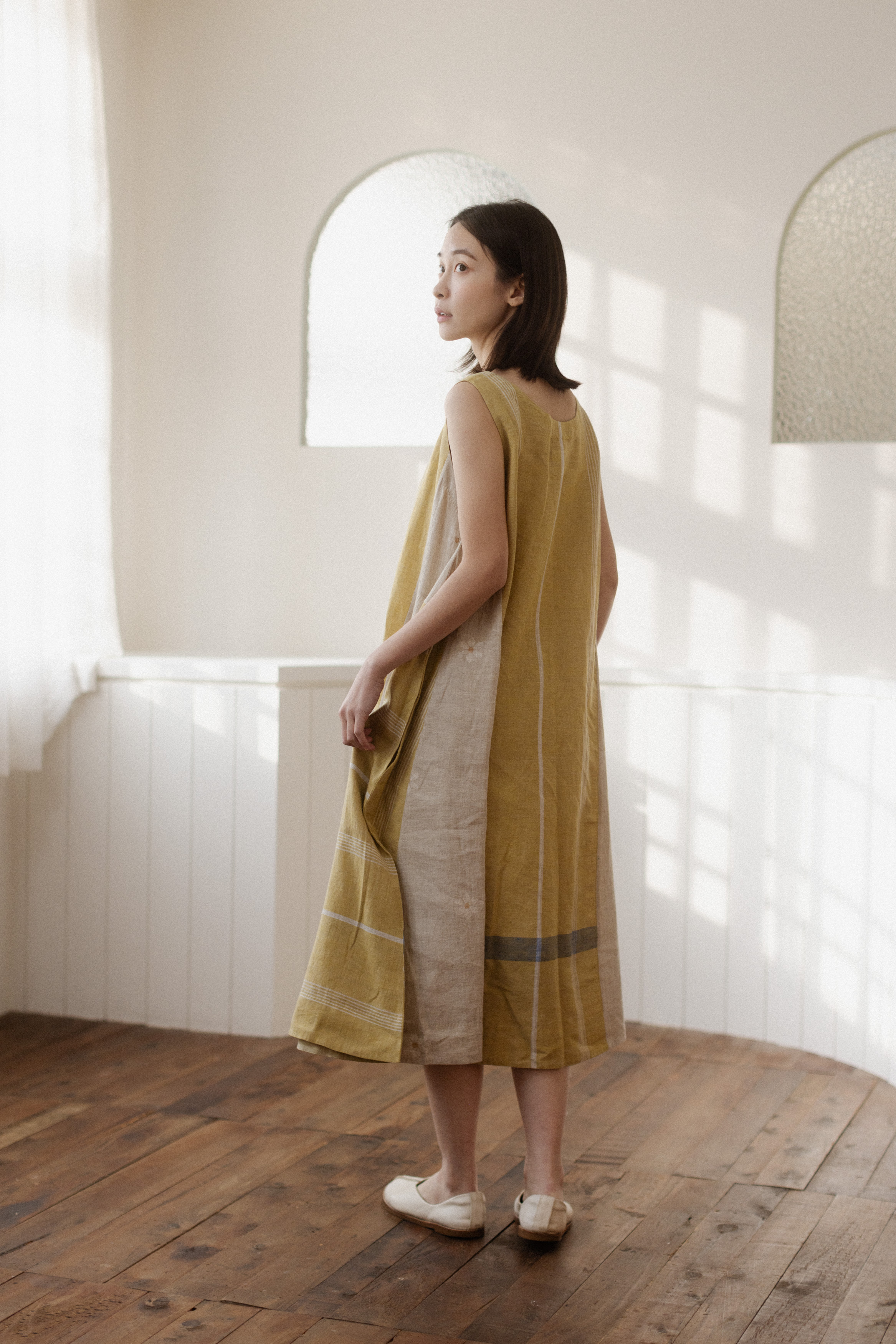 【karnam】圓領黃綠Jamdani小花洋裝