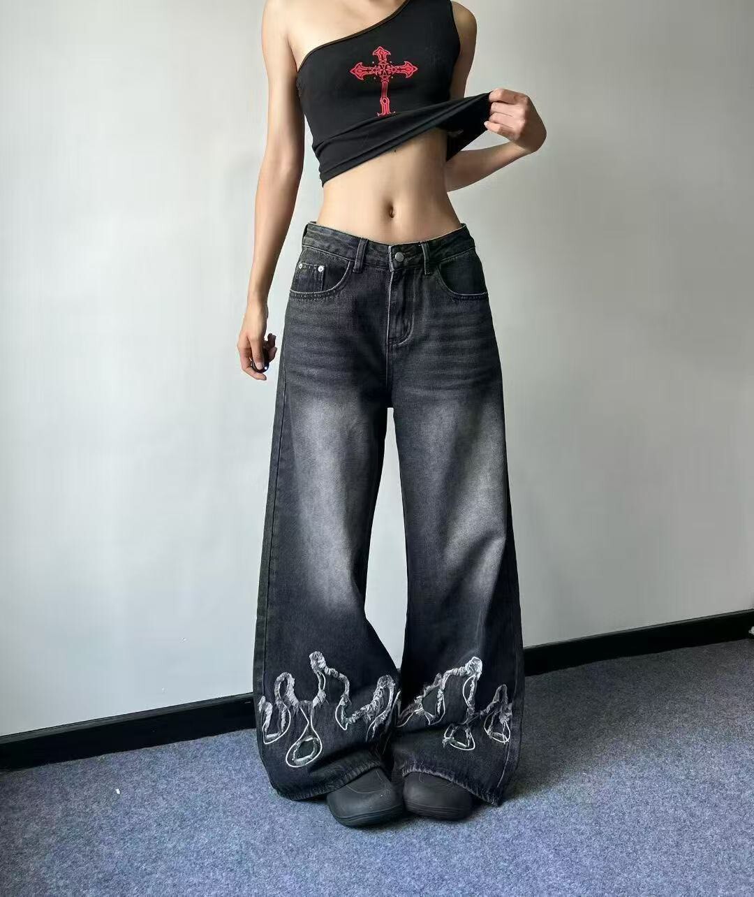 火焰刷色落地褲