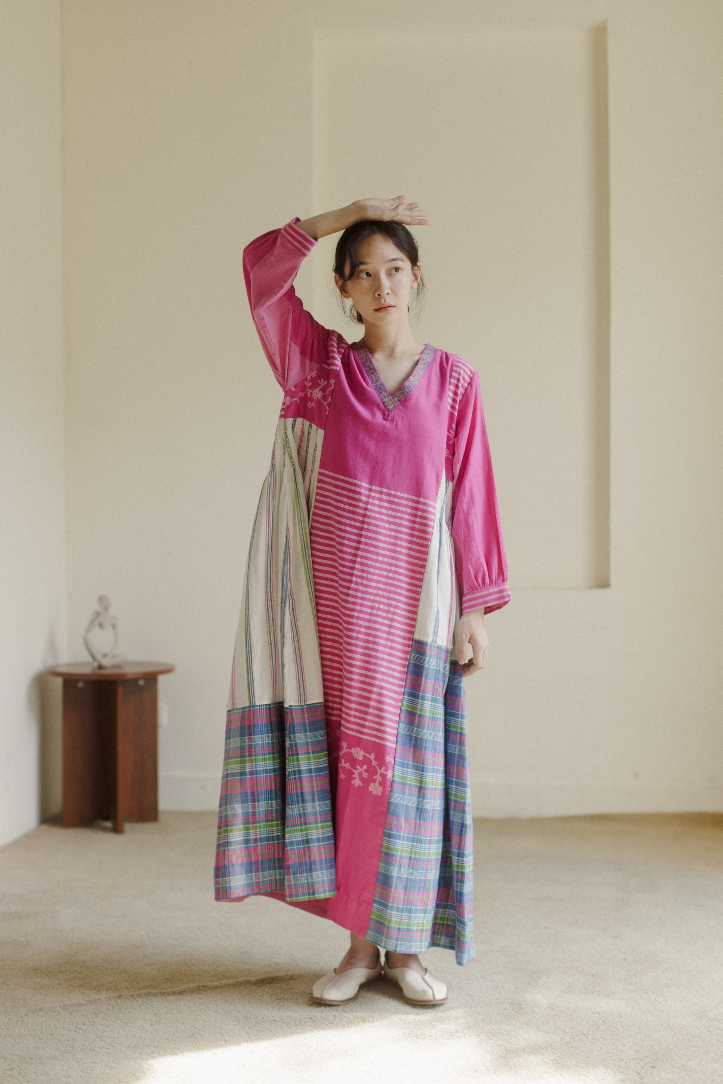 桃紅拼接手織布jamdani洋裝