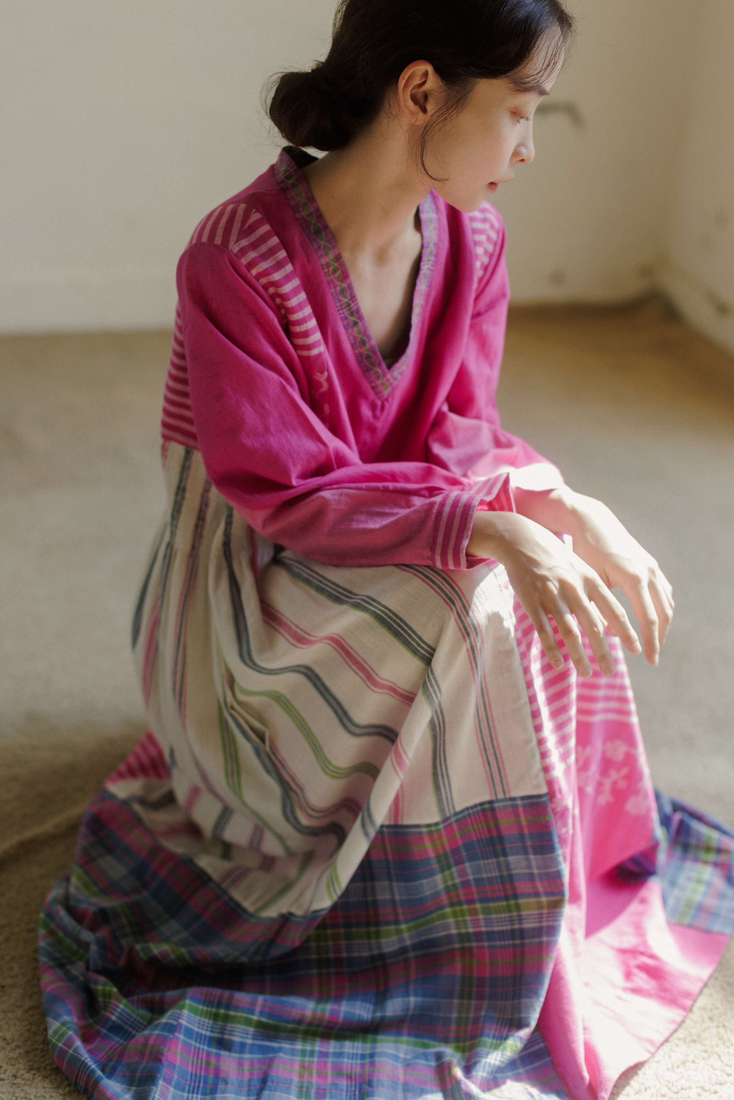 桃紅拼接手織布jamdani洋裝