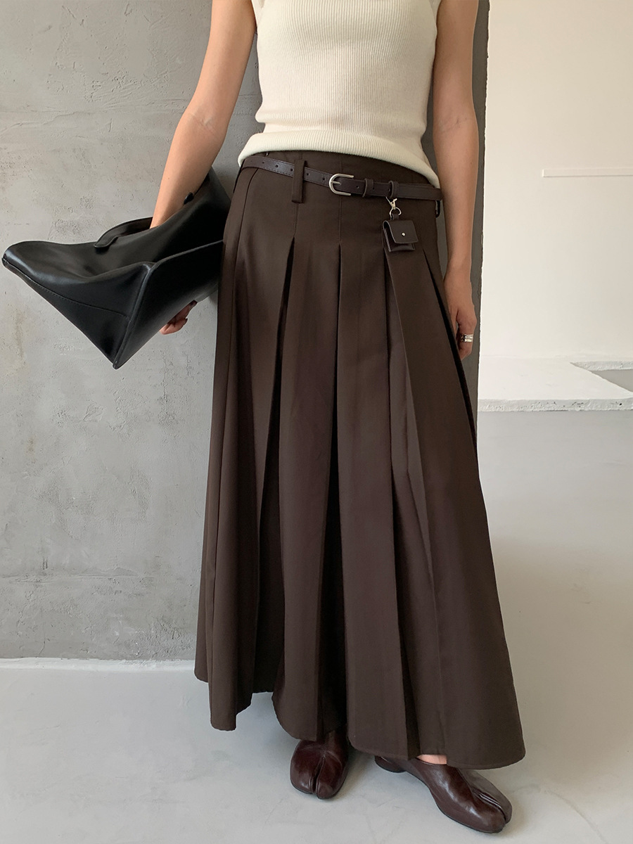 10W22 復古感腰帶造型寬百褶裙 兩色