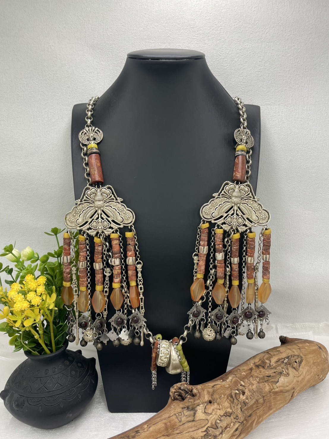 W-No.31貿易老珠藏銀蝴蝶掛鏈90cm