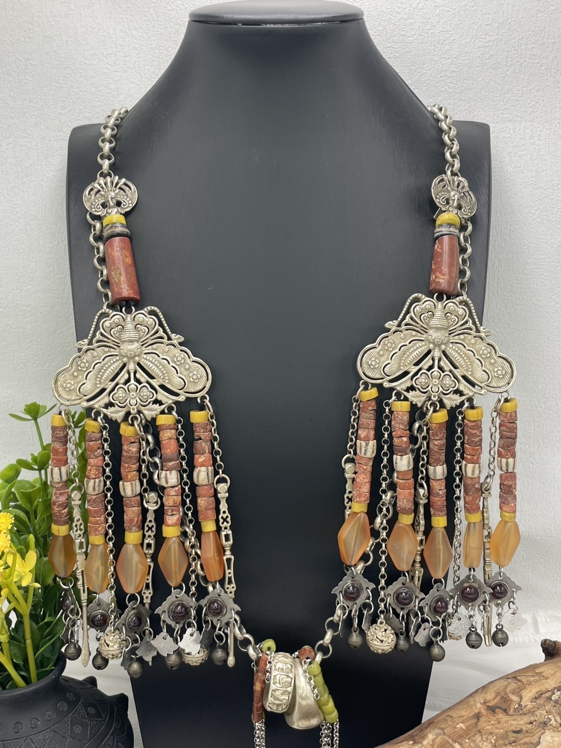 W-No.31貿易老珠藏銀蝴蝶掛鏈90cm