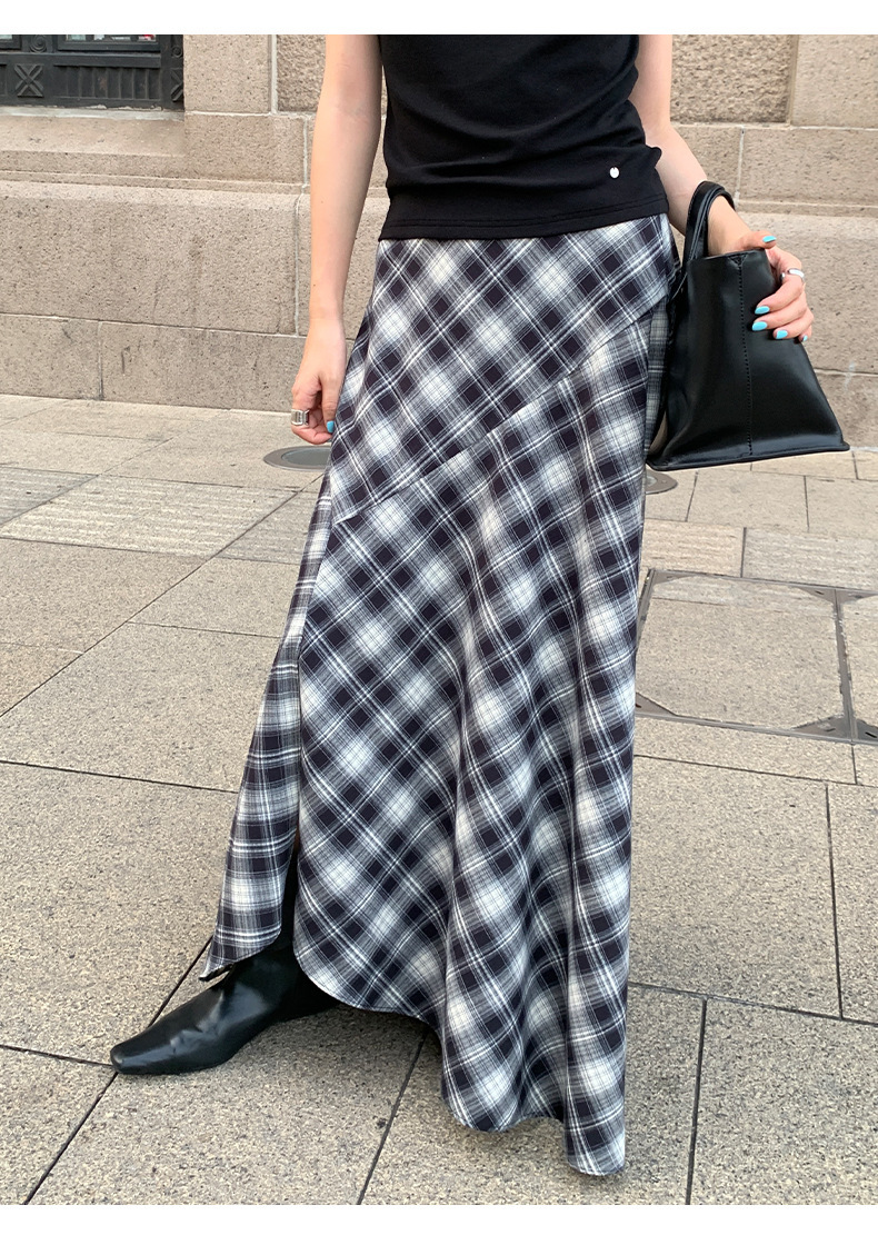 10W23 不對稱設計感撞色格紋長裙 兩色