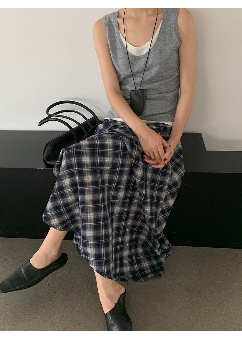 10W23 不對稱設計感撞色格紋長裙 兩色