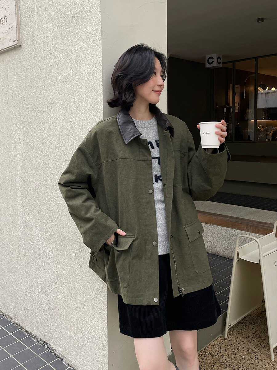 10W16 復古感翻領拼接巴恩風外套 三色