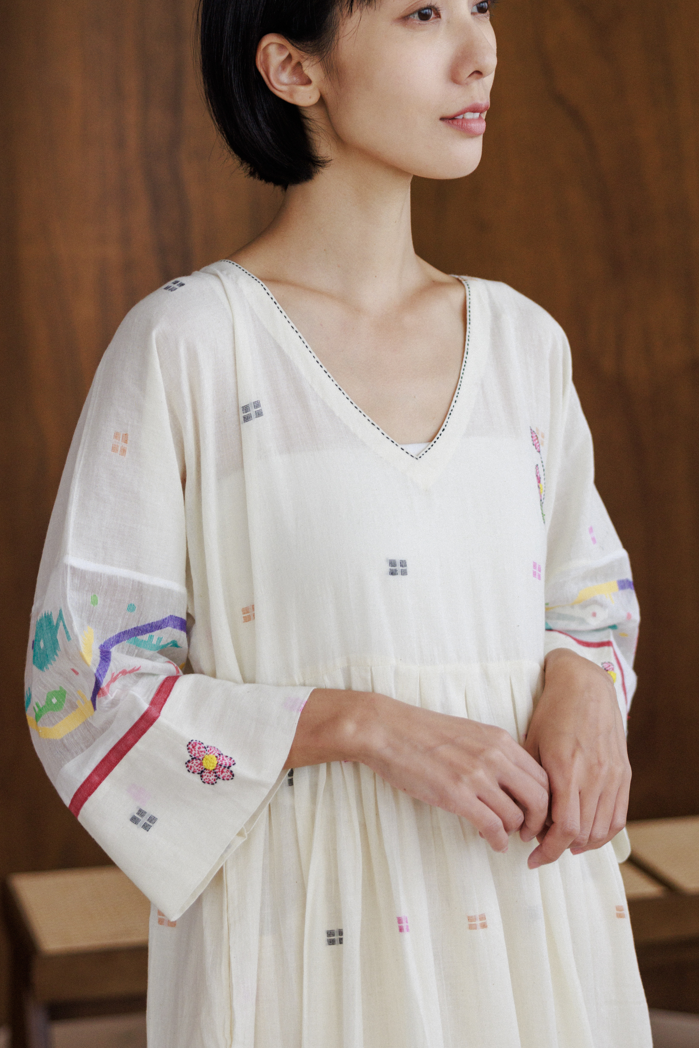 Jamdani方圖原棉刺繡長洋裝