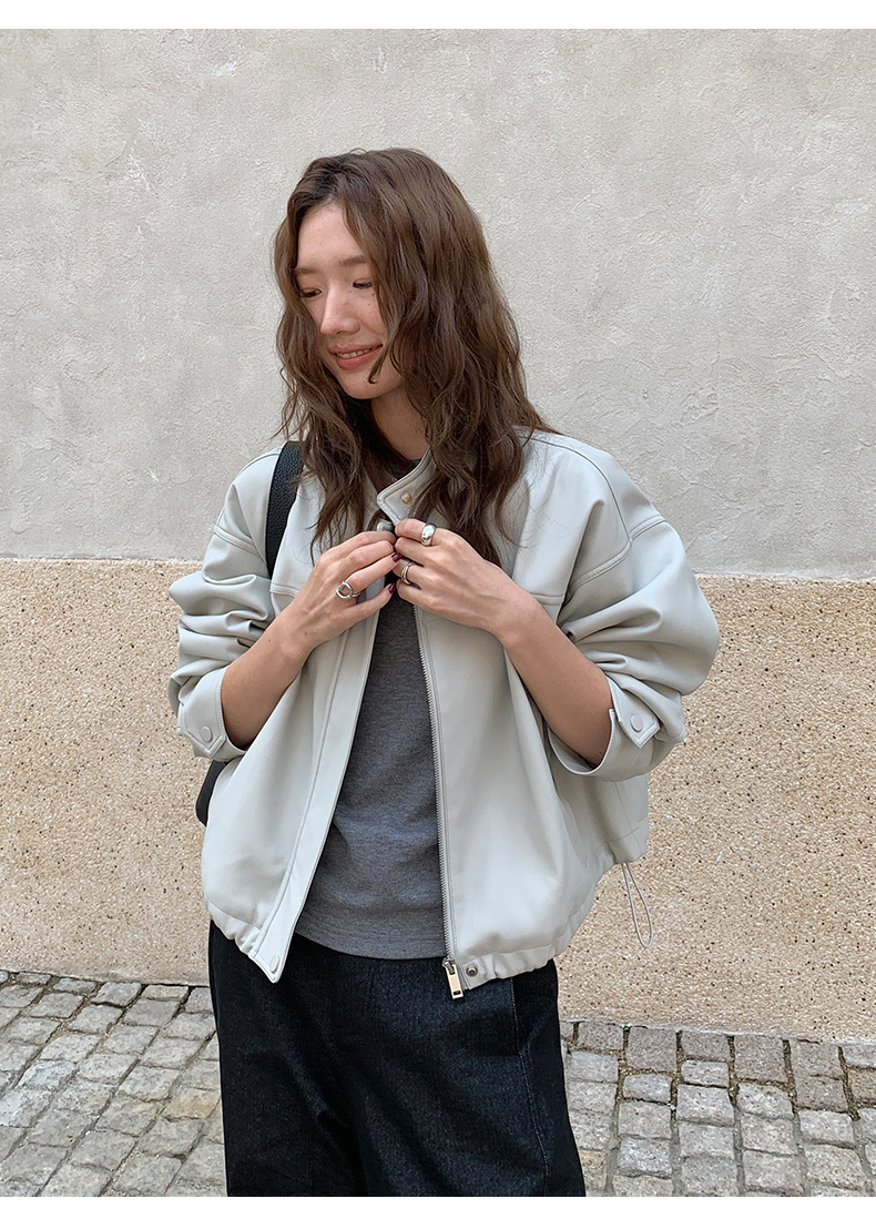 10W15 小立領率性抽繩皮衣外套三色