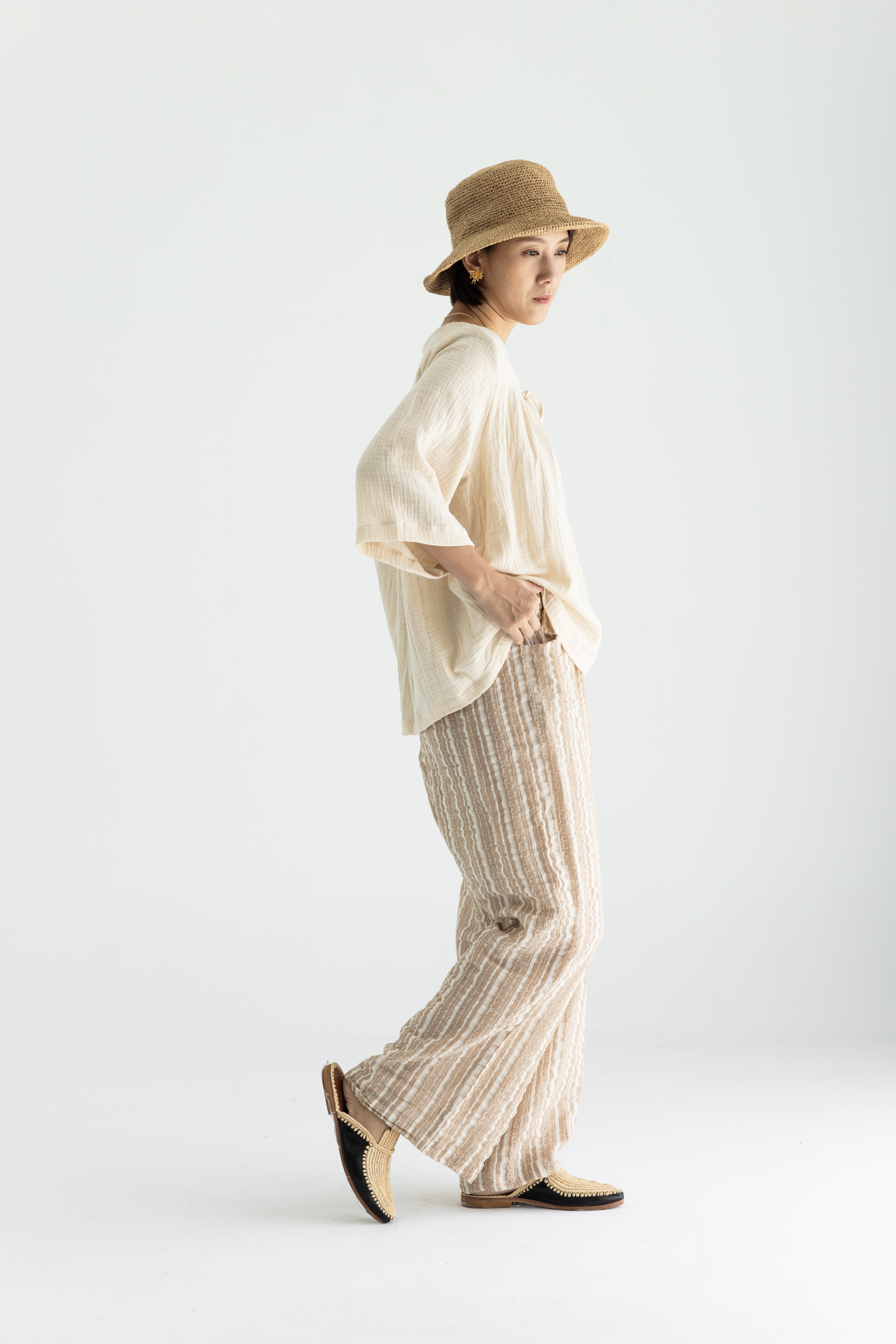 前綁帶七分袖上衣_米