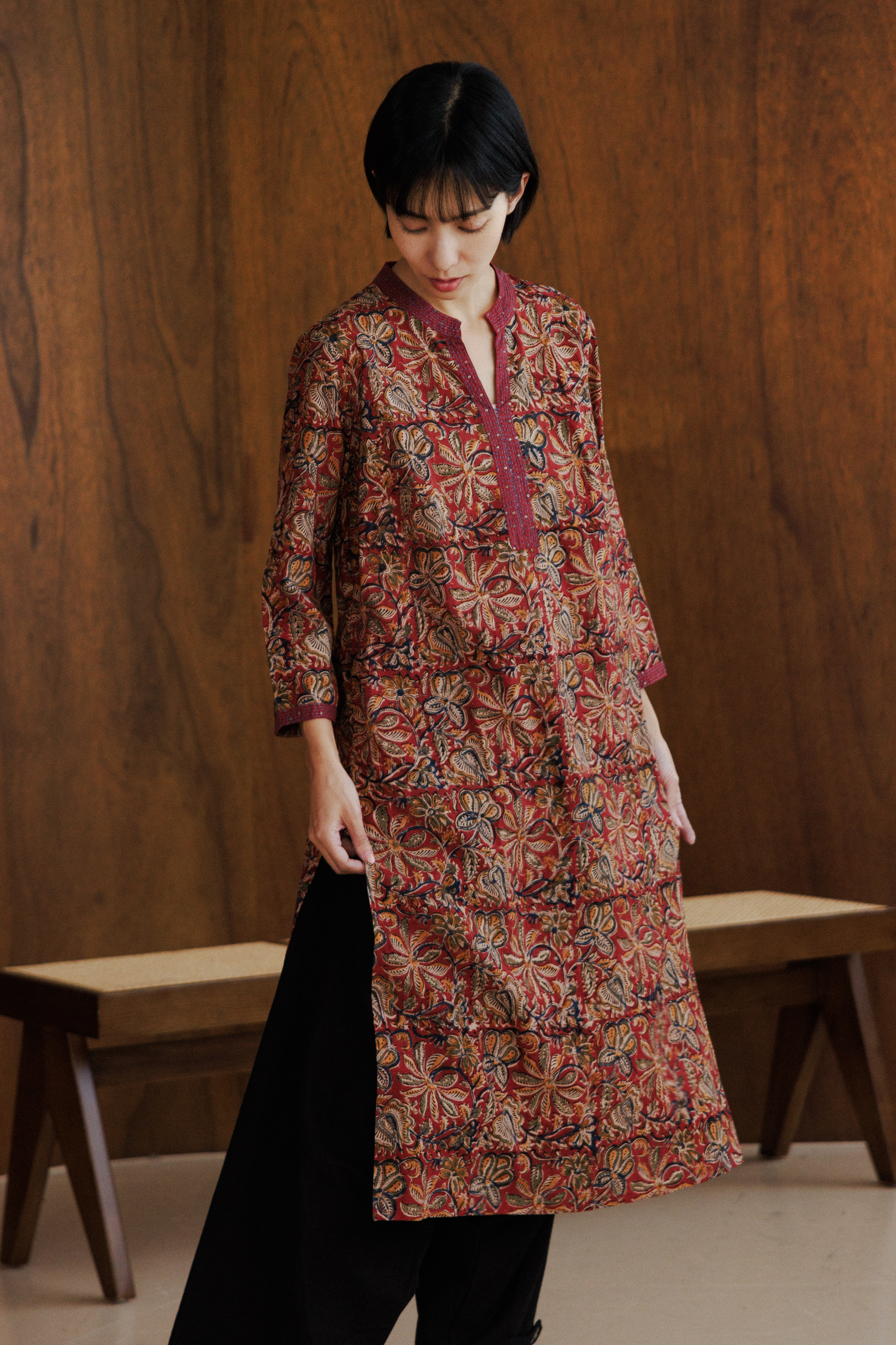 印度木刻印刺繡長褲塔_蓋印紅花