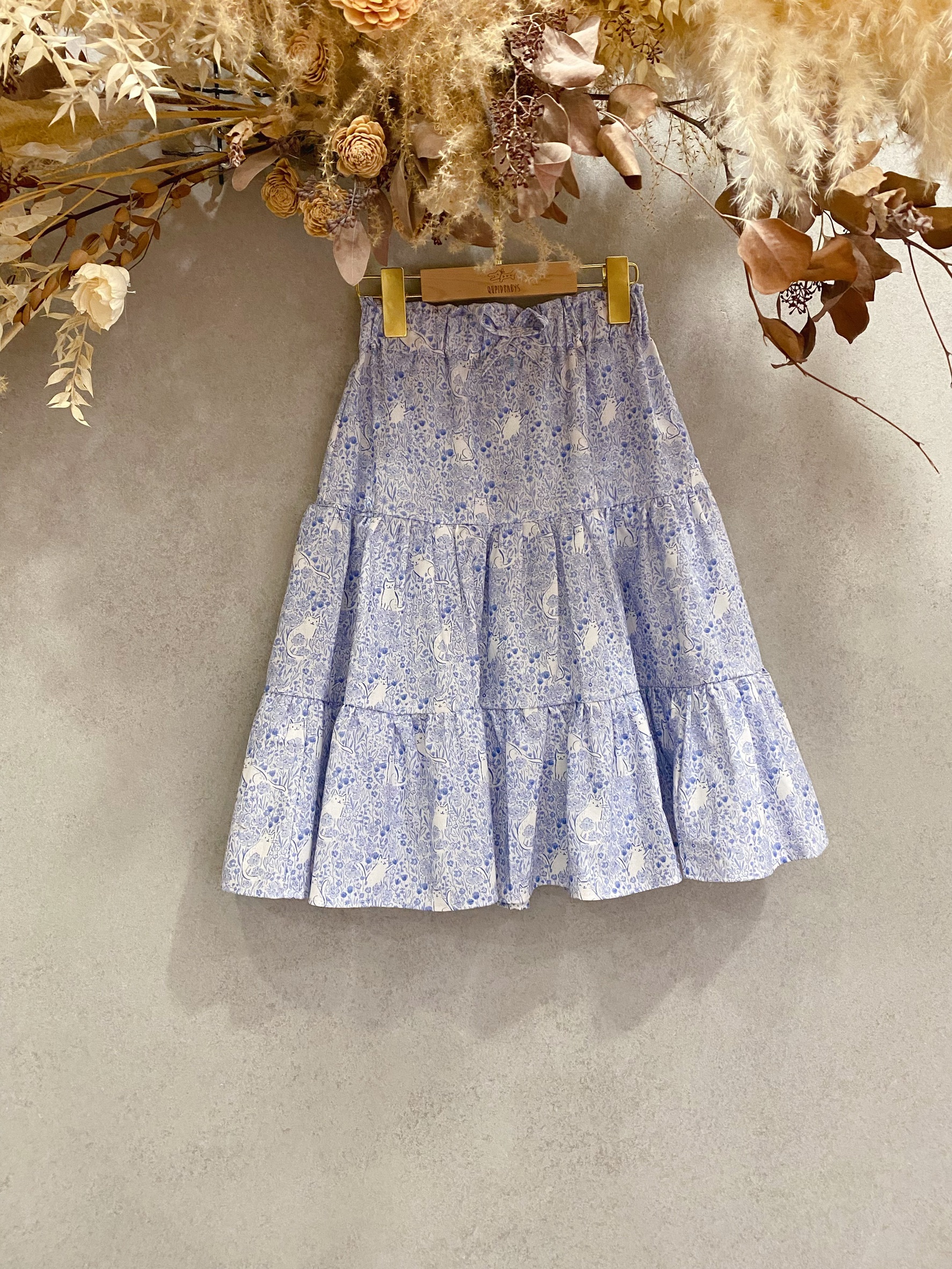 水藍花草貓咪 蛋糕長裙(120)