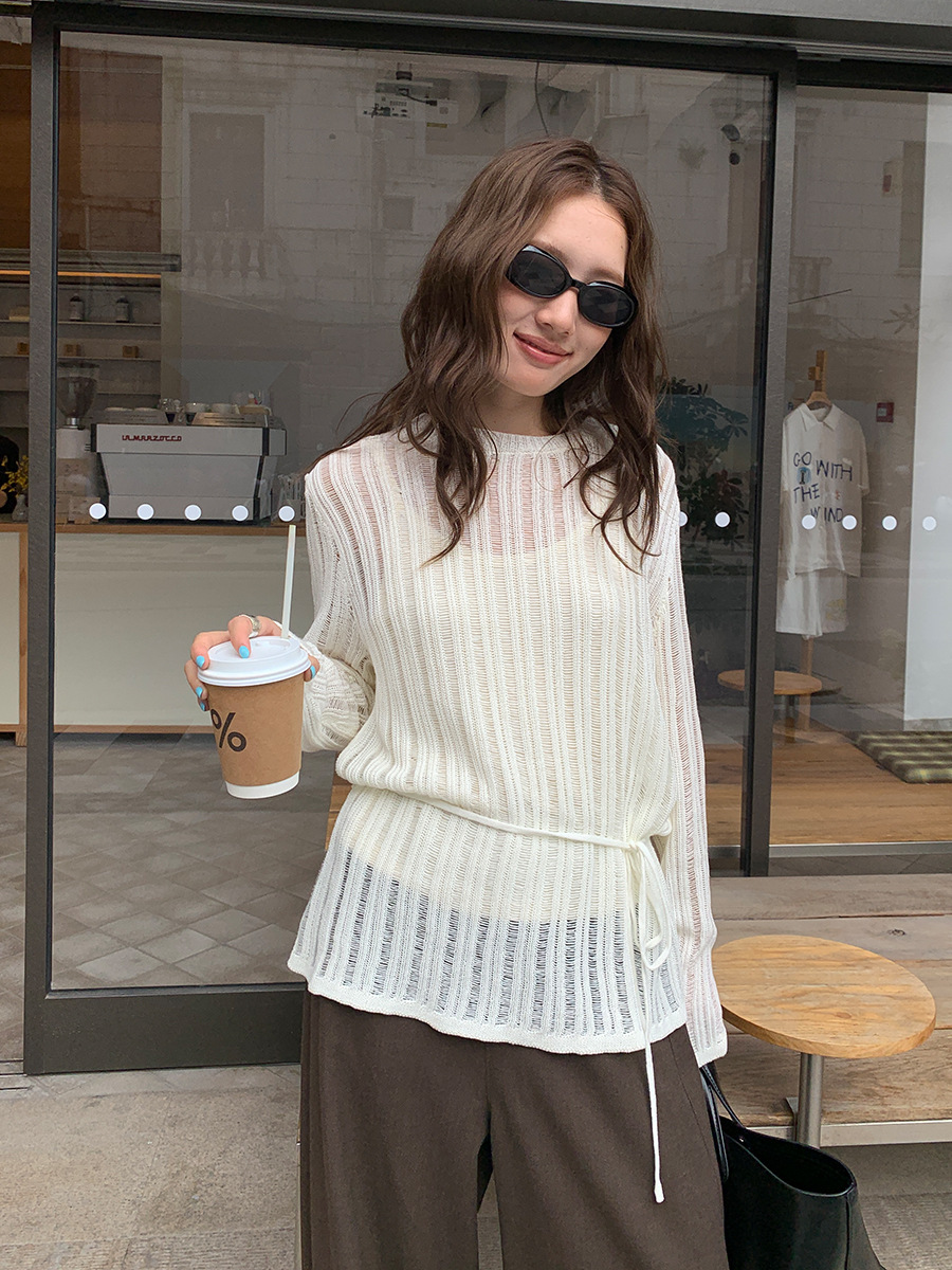 10W10 透膚感綁帶直紋針織套裝 六色