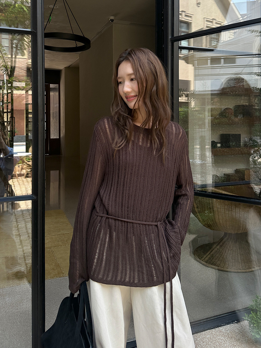 10W10 透膚感綁帶直紋針織套裝 六色