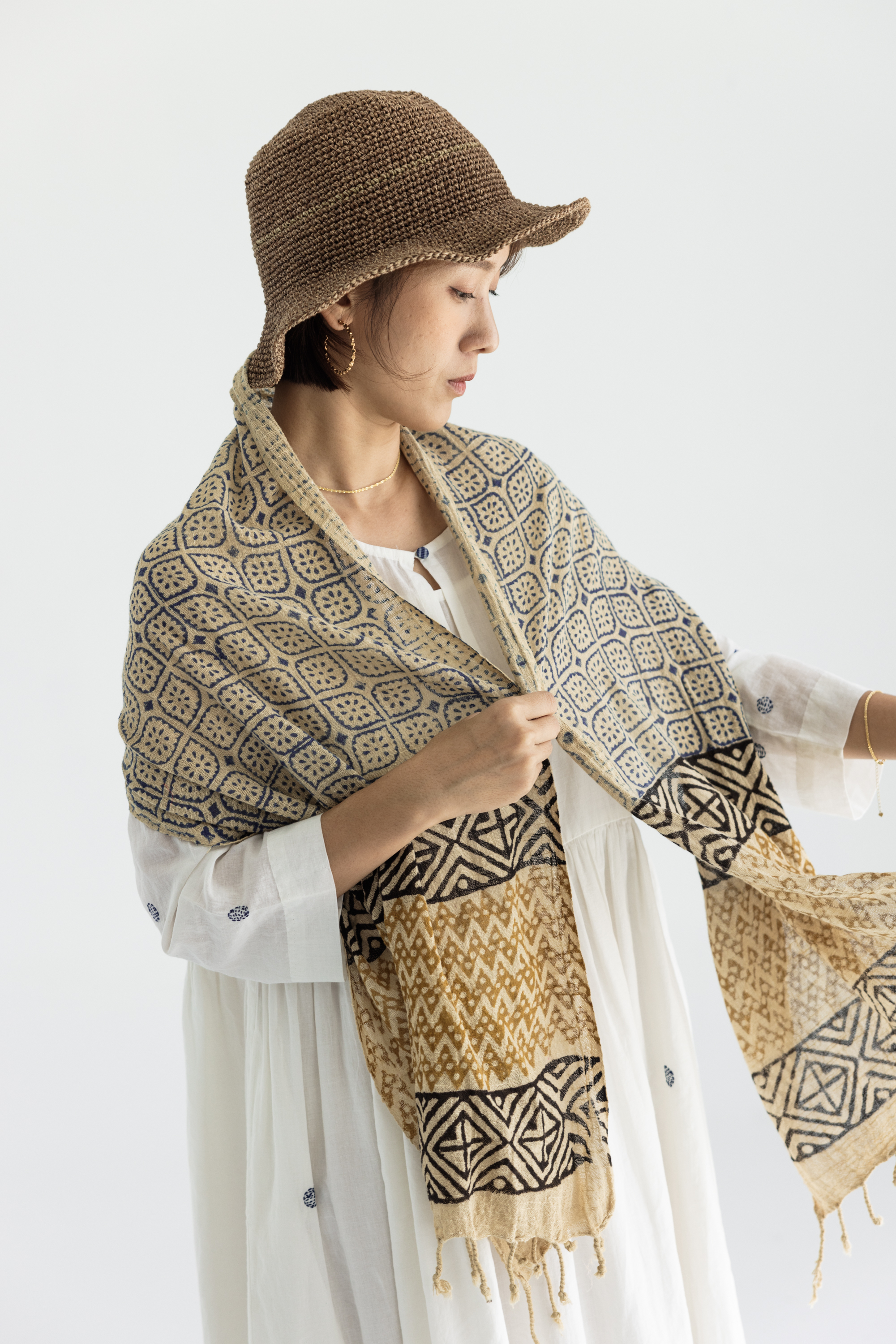 薄棉木刻印圍巾_藍印