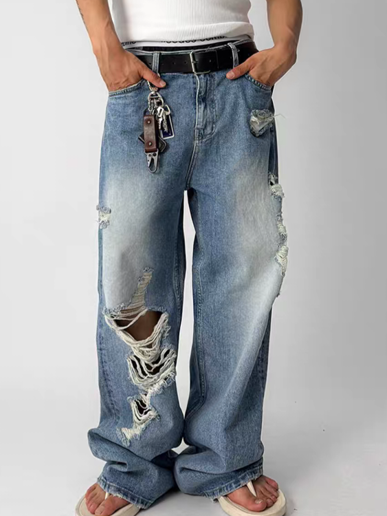 開放式破洞寬鬆牛仔褲