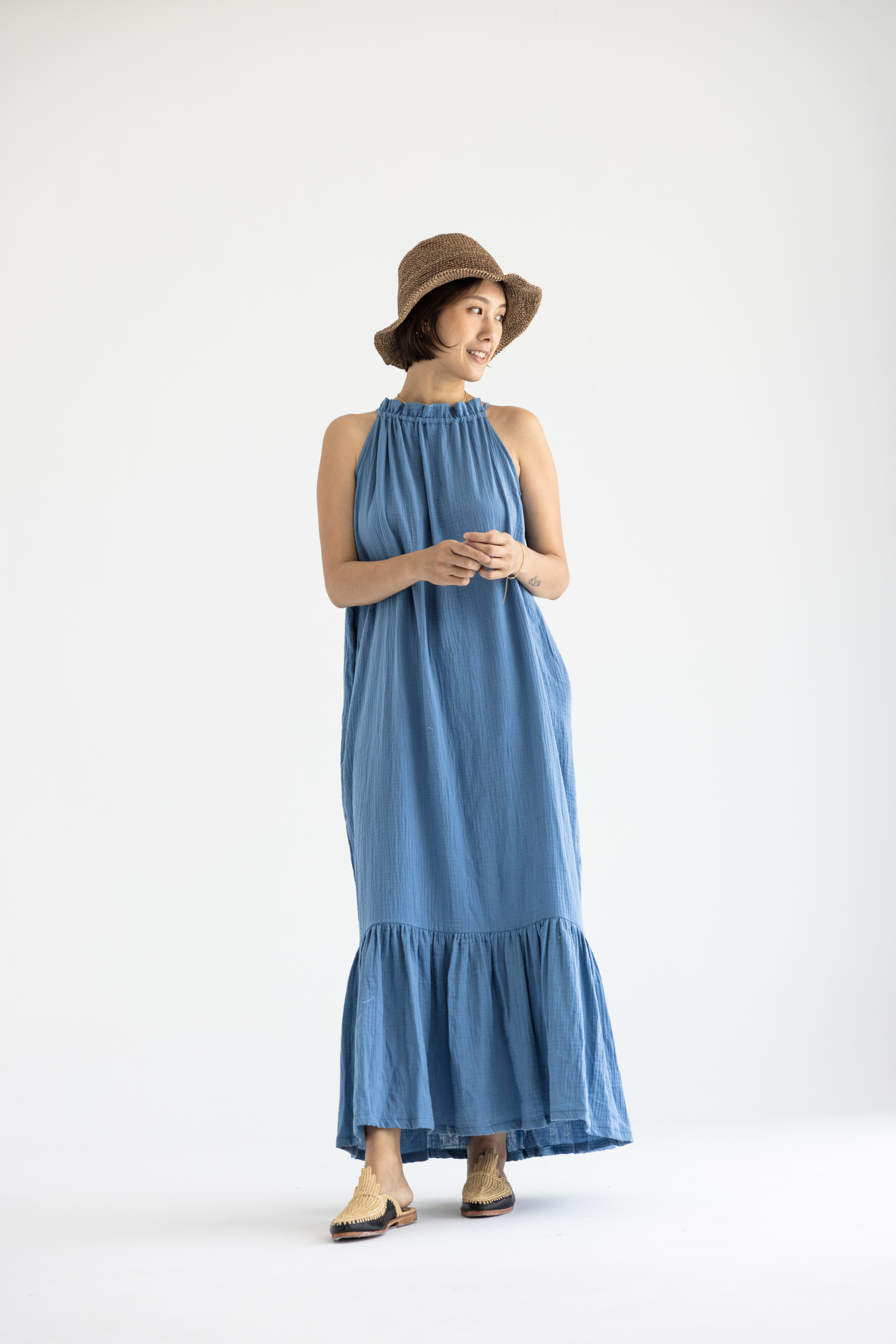 花邊領無袖後綁帶洋裝_天藍