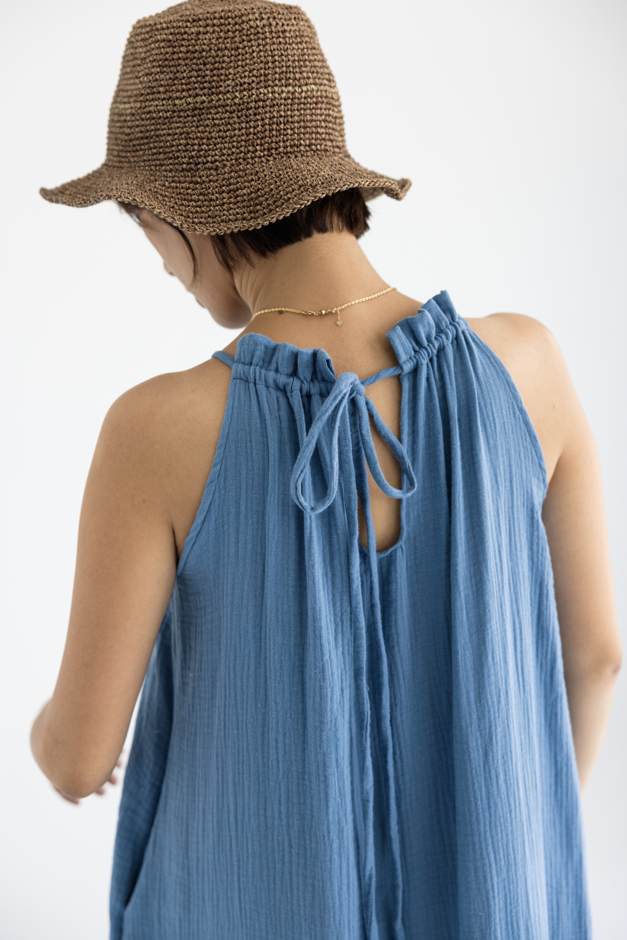 花邊領無袖後綁帶洋裝_天藍