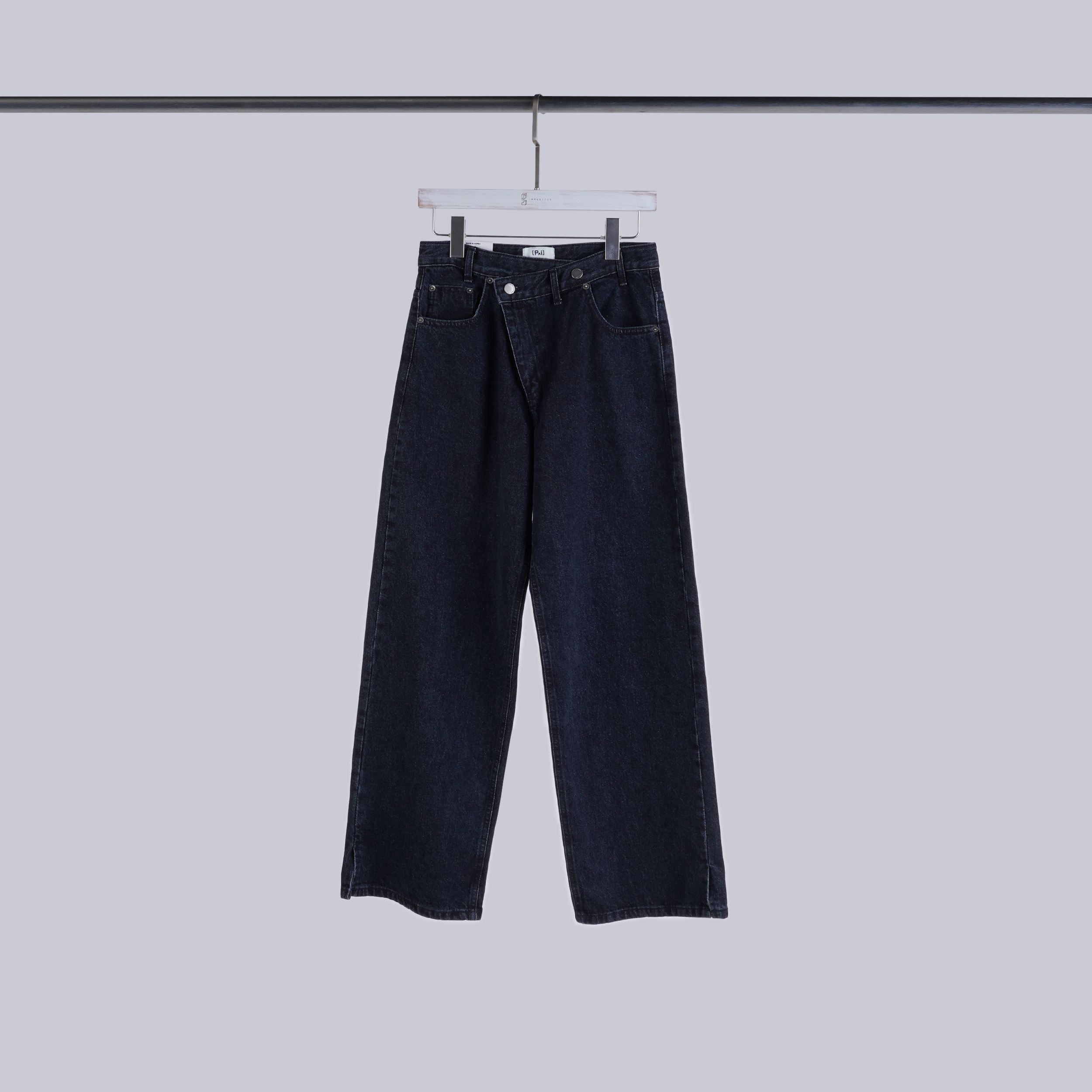 設計感斜釦開岔牛仔褲 | S-L | 深藍