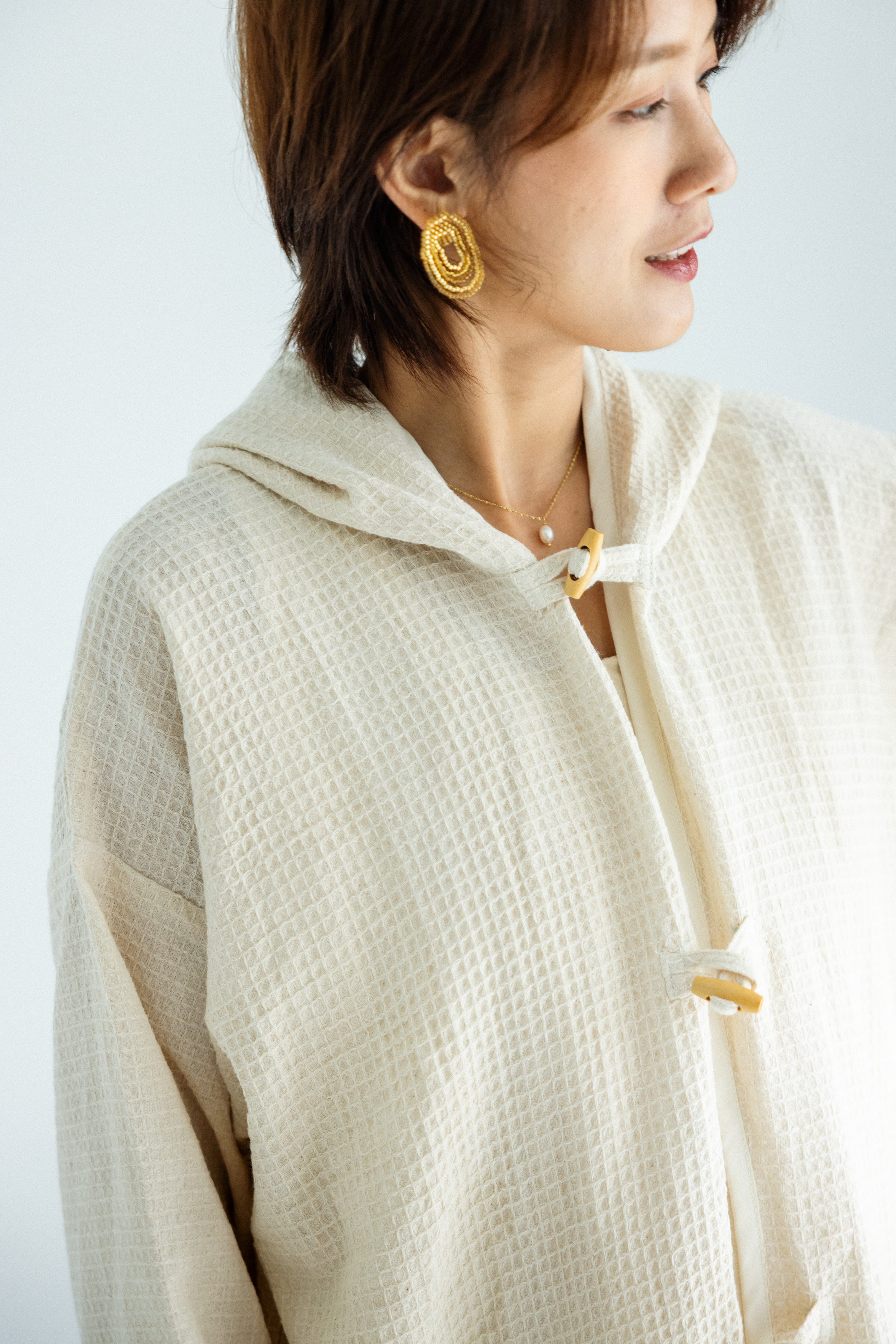 清邁格紋純棉木釦帽子外套