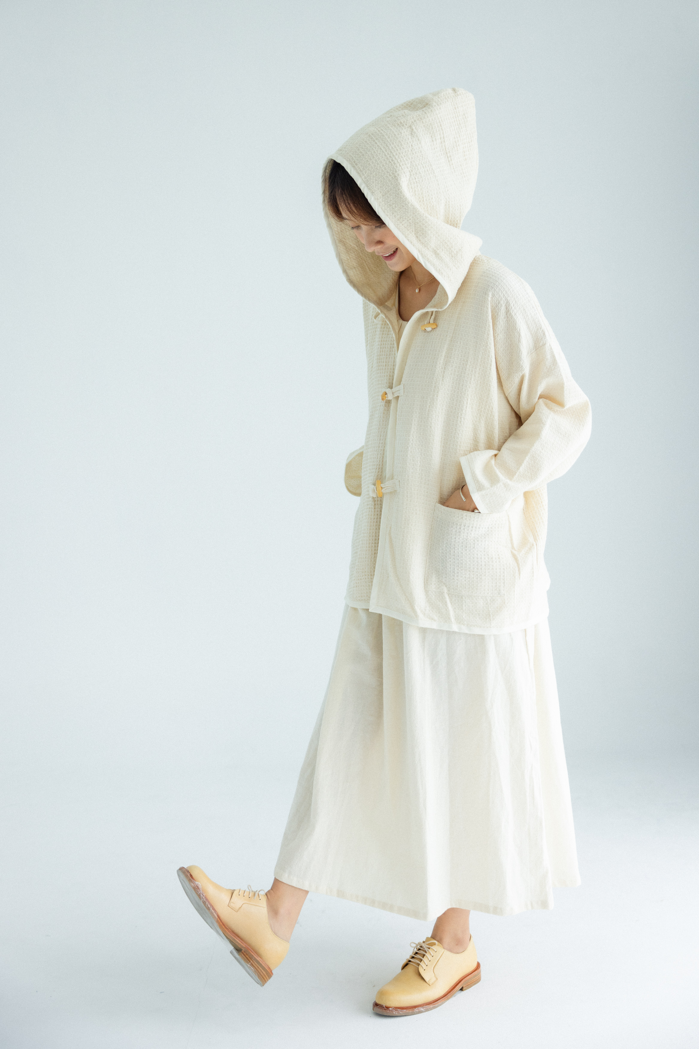 清邁格紋純棉木釦帽子外套