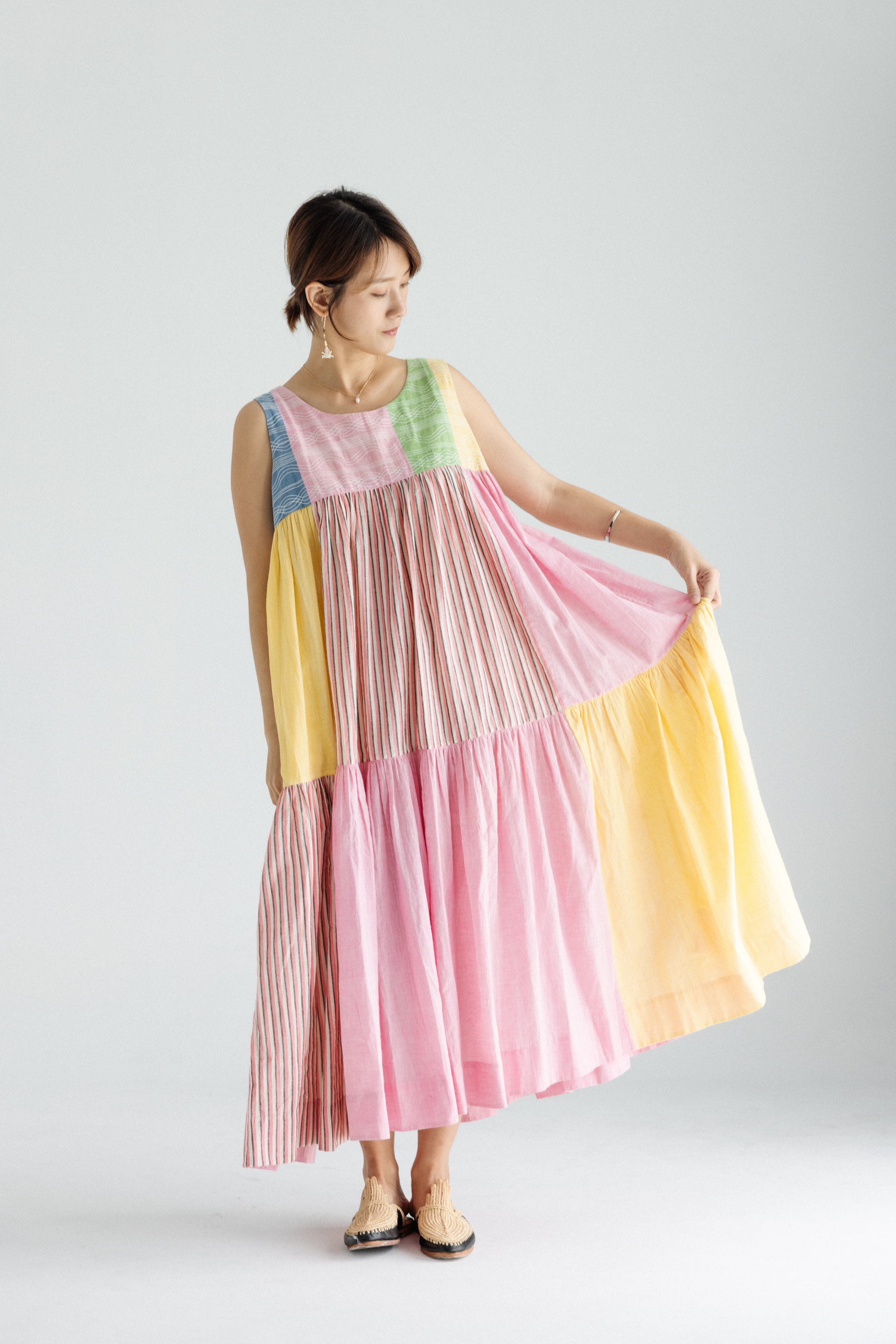 【karnam】圓領拼接彩色手織布洋裝