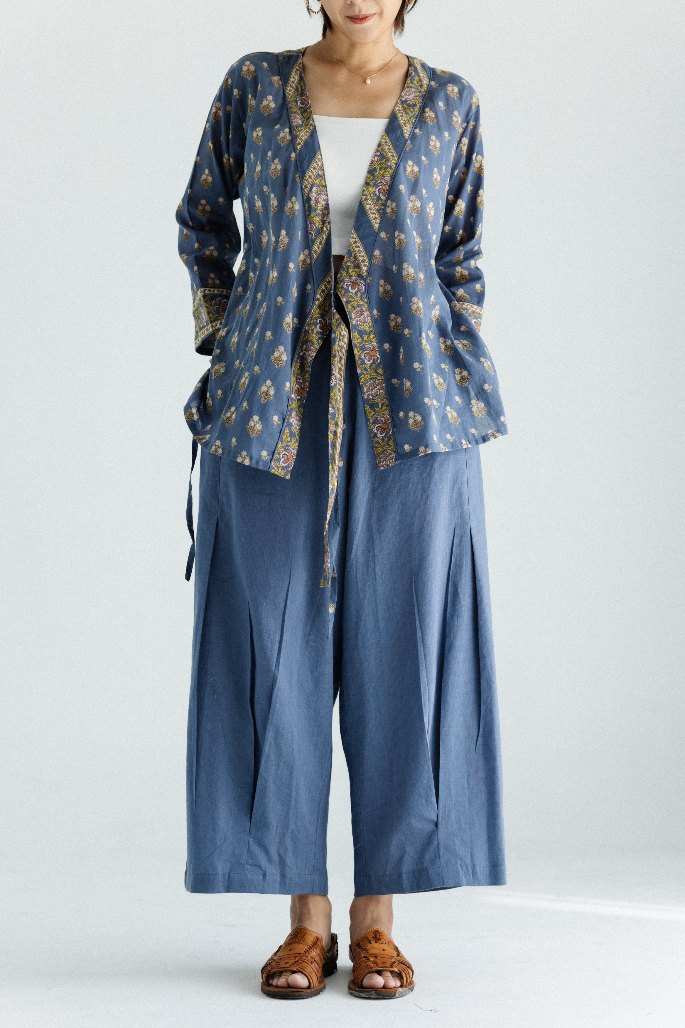 綁帶開襟短上衣外套_藍