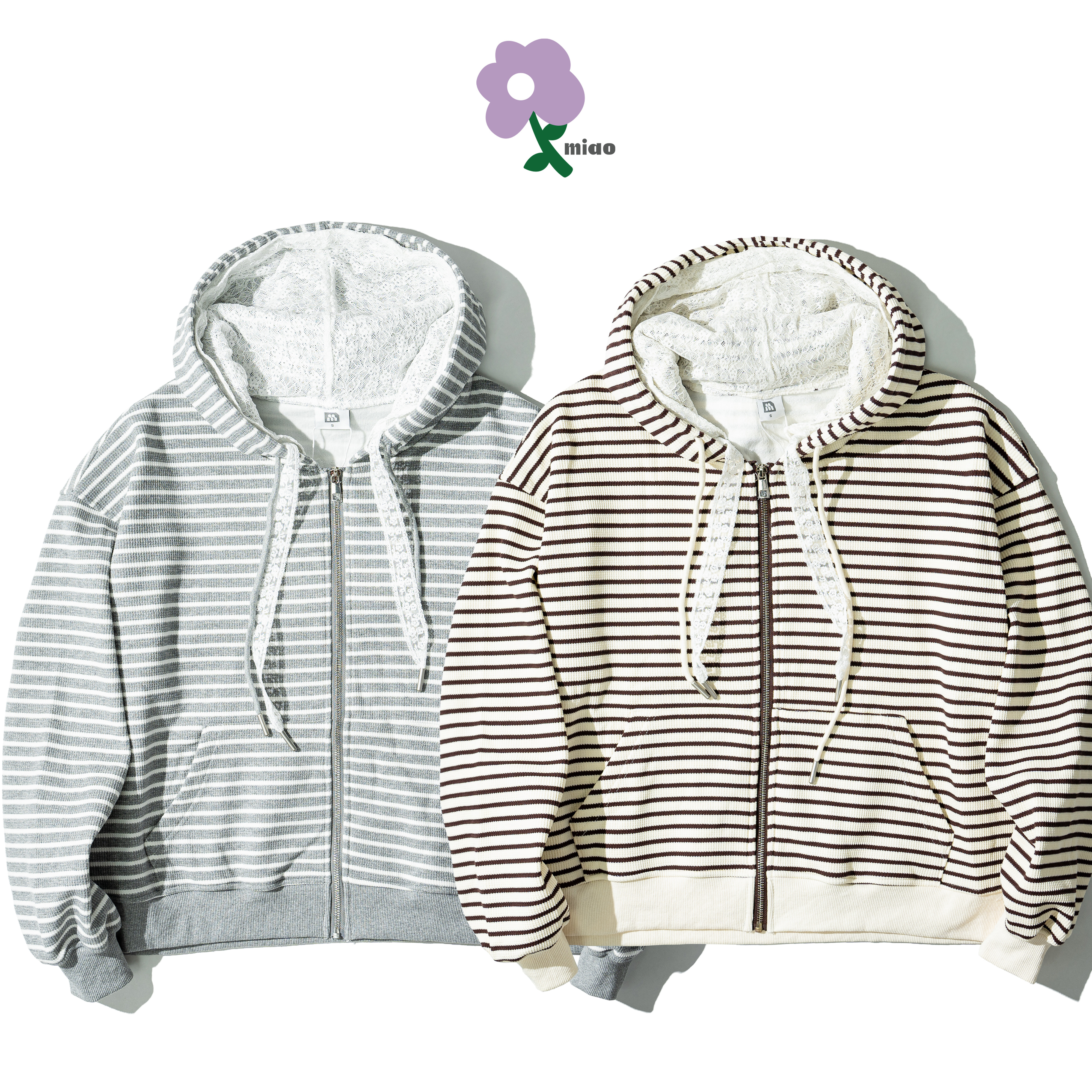AGILITY MIAO Lace Stripe Hooded Jacket 蕾絲條紋 雙層連帽外套 [M-ZH1]