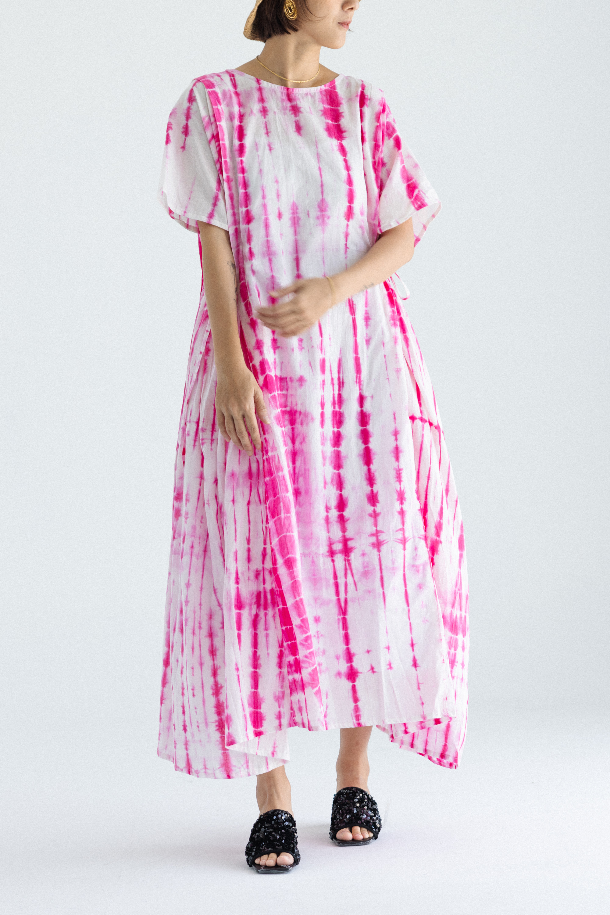 印度手染布短袖後綁帶洋裝_桃