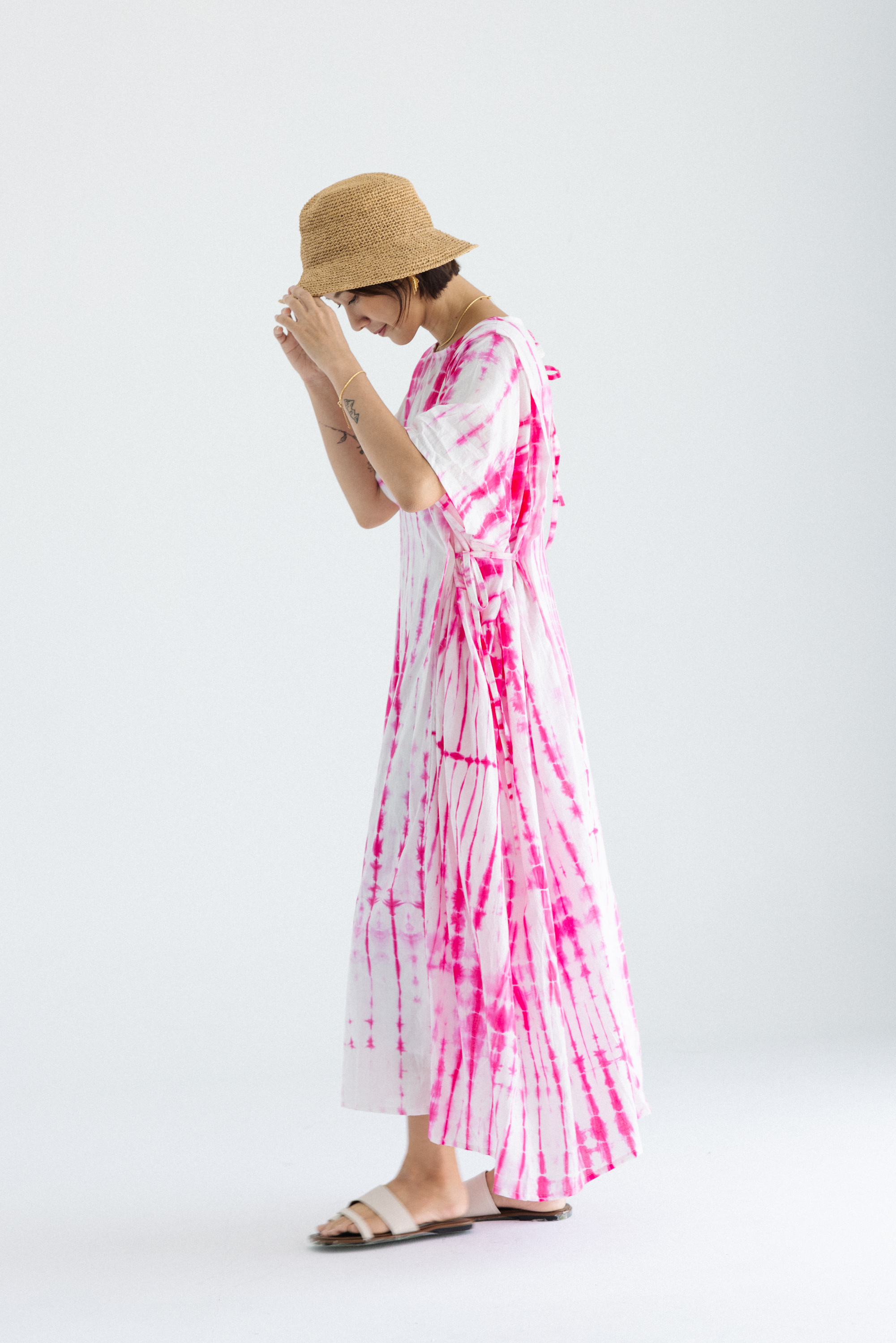 印度手染布短袖後綁帶洋裝_桃