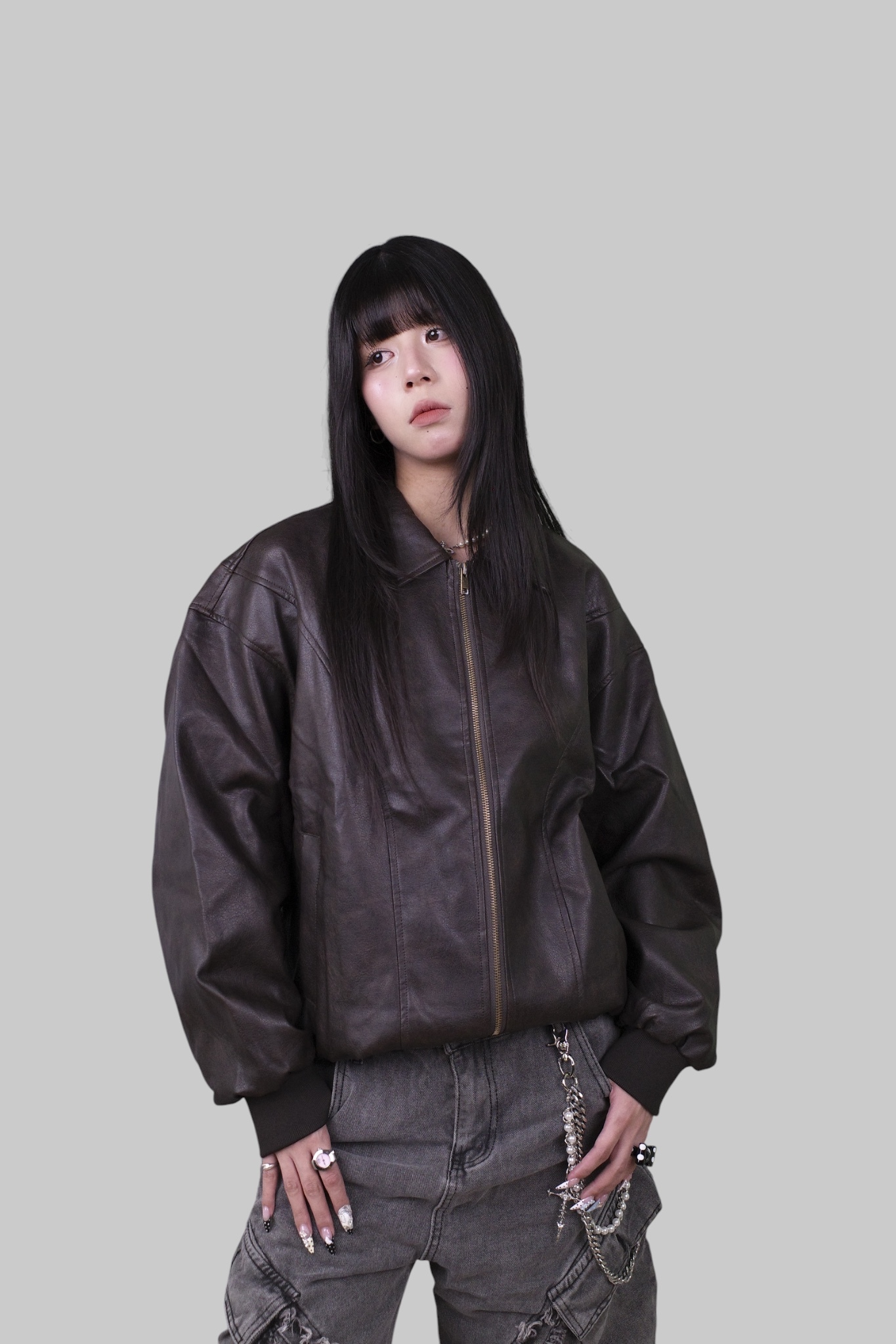 『Always_Good』分割 拼接 闊版 PU皮 工装 外套