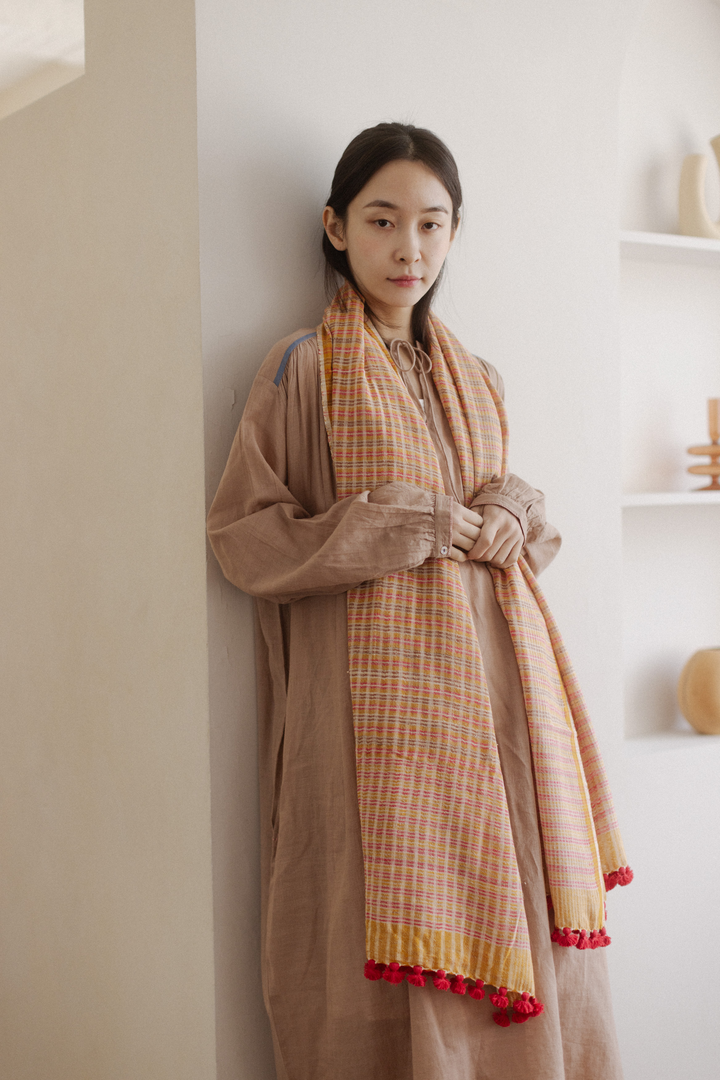 有機棉手織圍巾_咖桃格紋